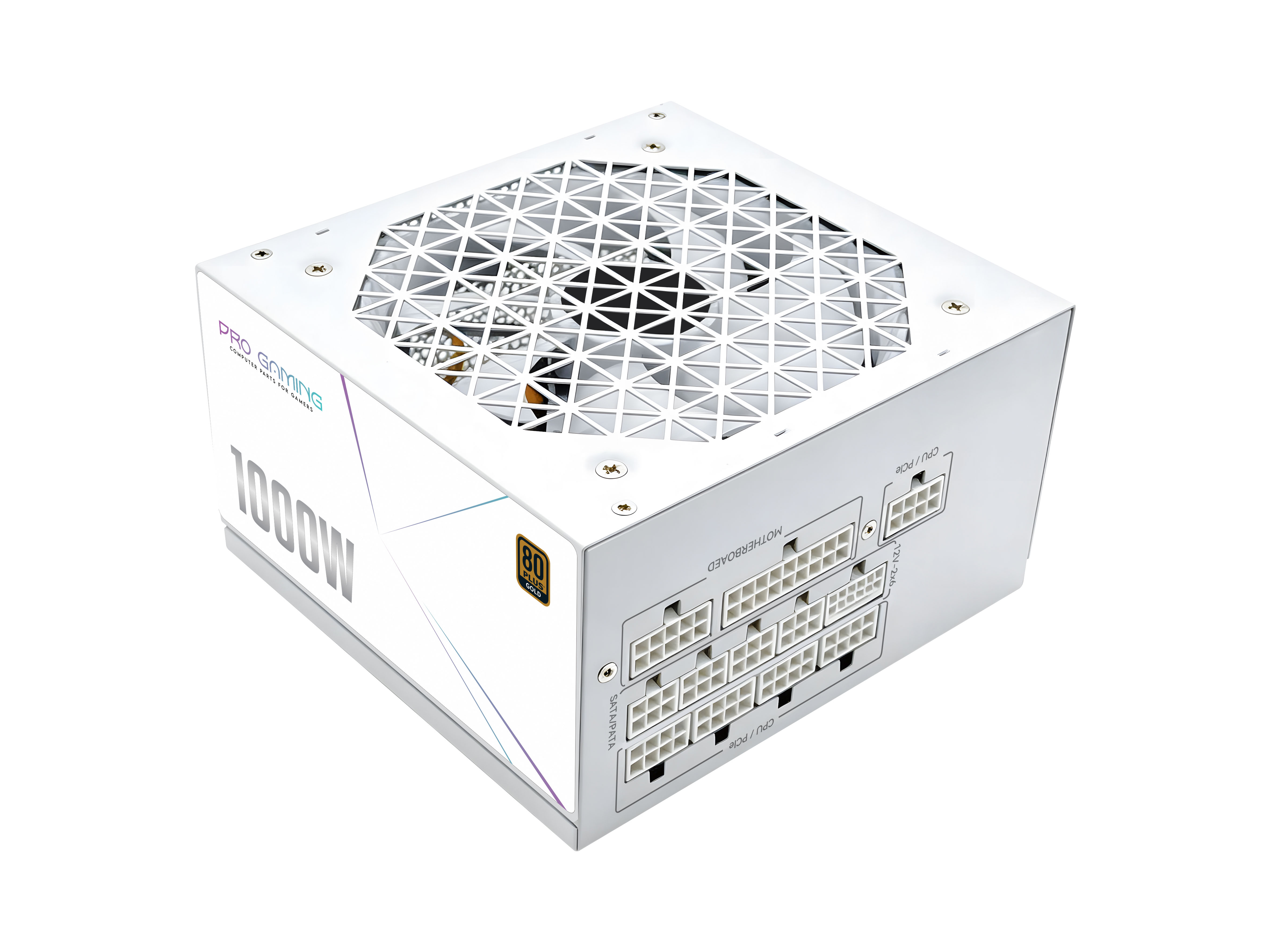 Un alimentatore per PC bianco da 1000W con connettori modulari e griglia per ventola triangolare.
