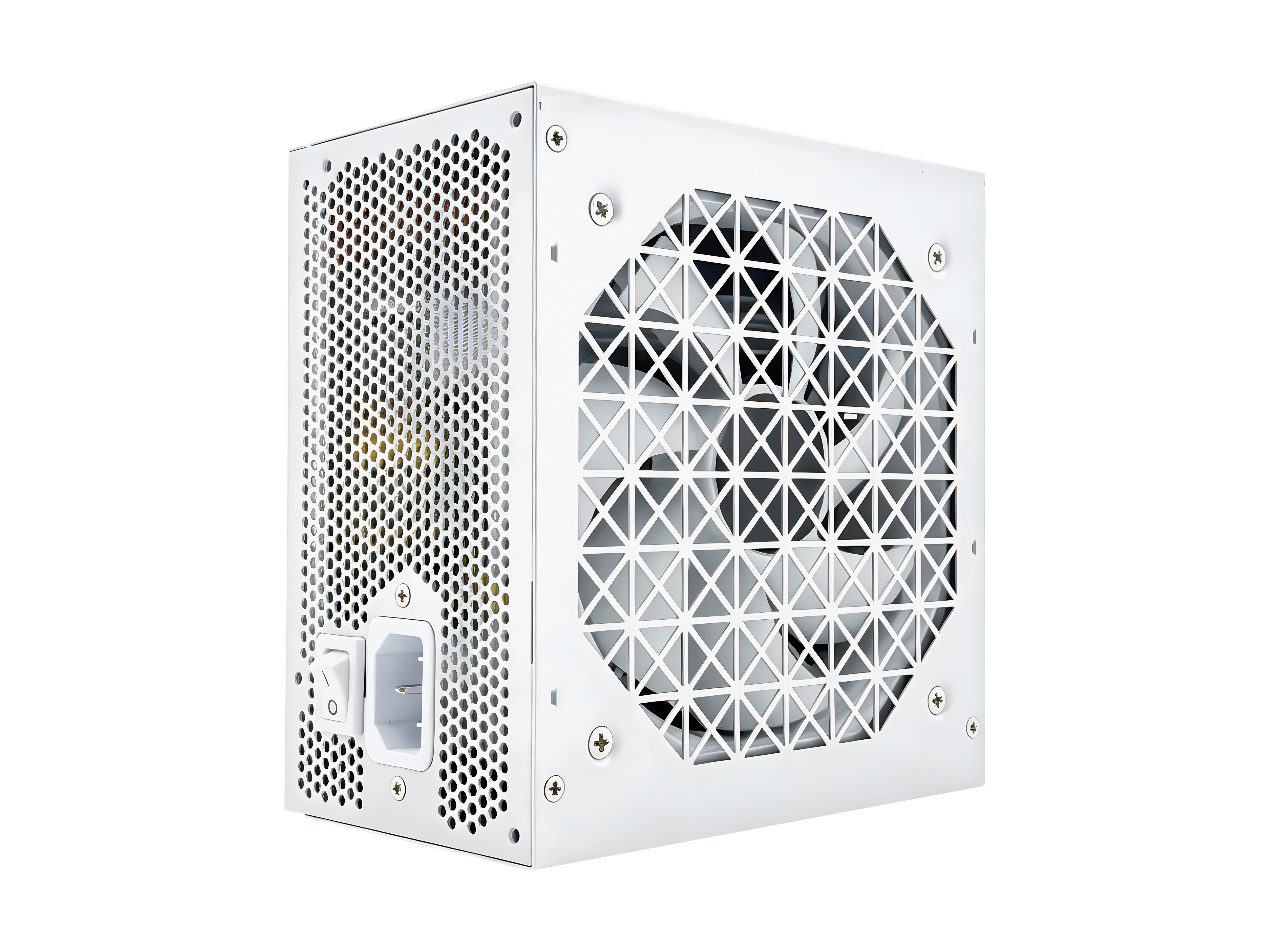 Un alimentatore per computer bianco con ventola integrata e griglia su sfondo bianco.