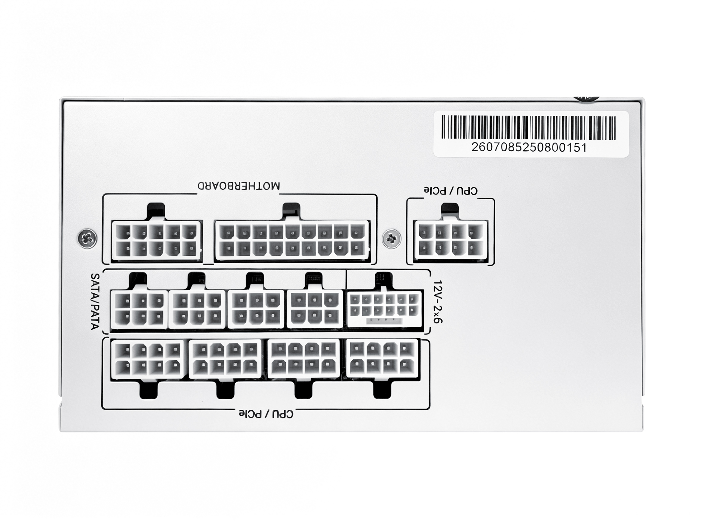 Pannello posteriore di un alimentatore per PC bianco con vari connettori modulari e un codice a barre.