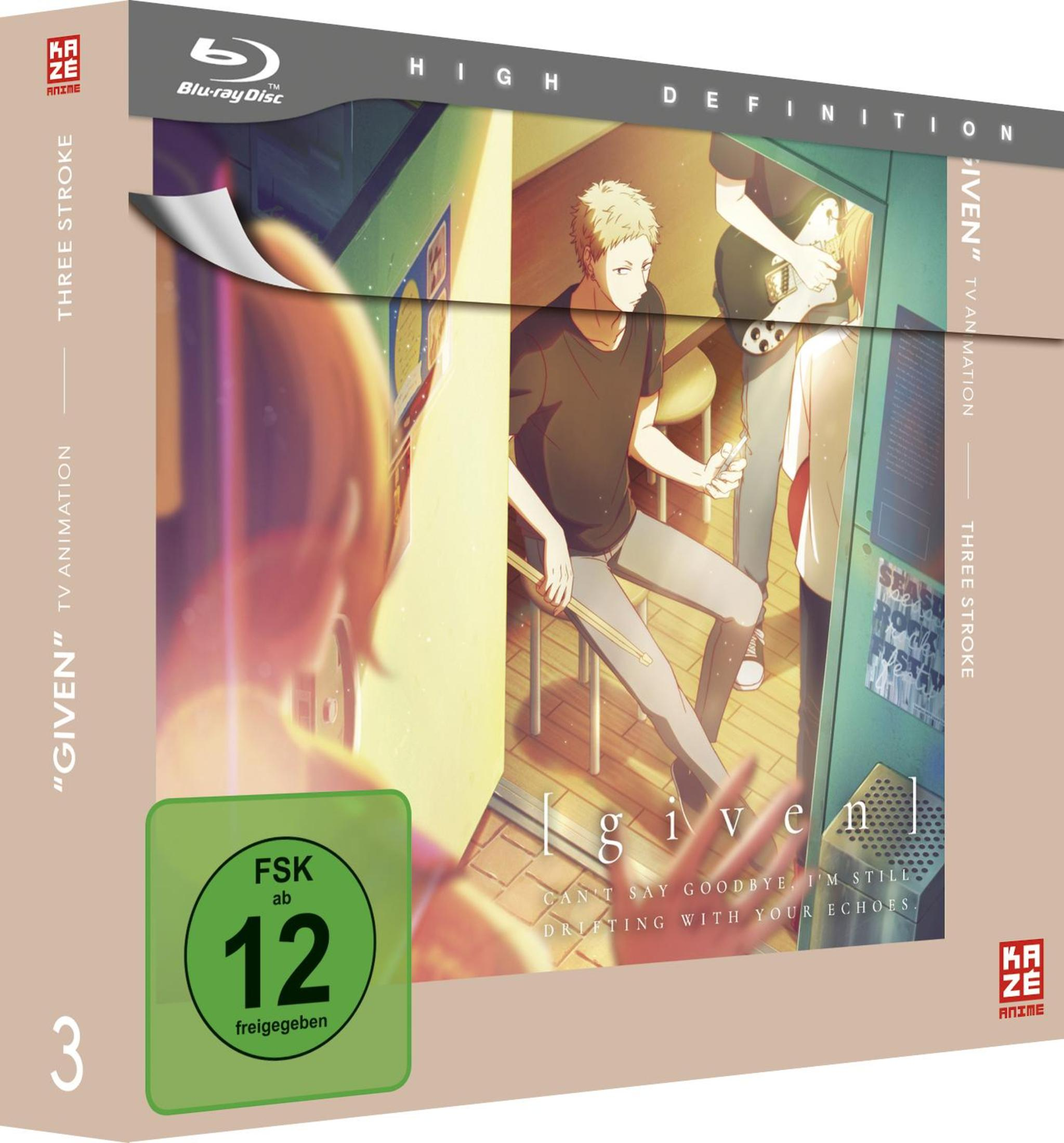 Blu-ray-Hülle des Anime "Given" mit blondem Jungen auf Stuhl in einem Raum.