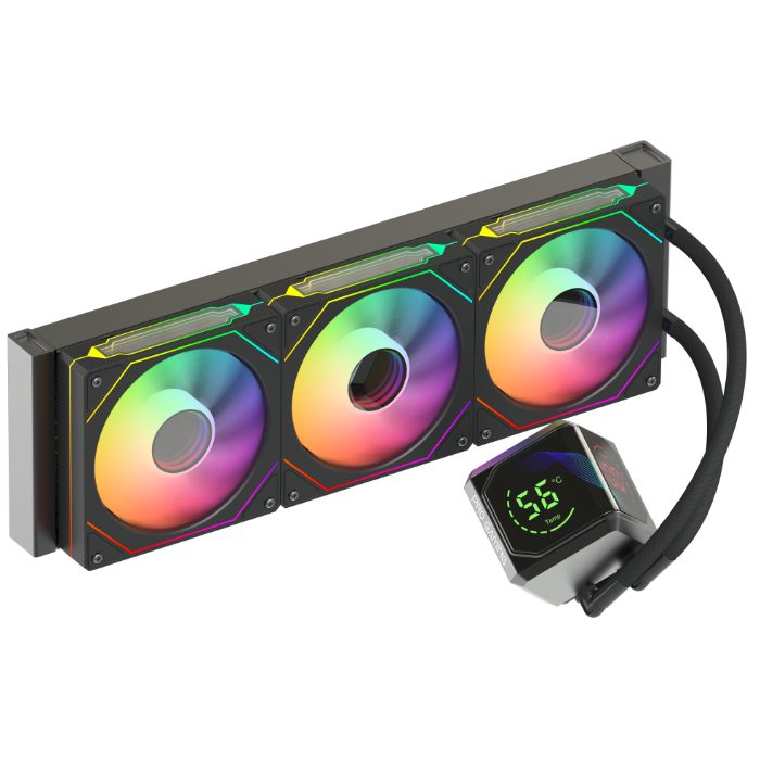 Dissipatore a liquido per CPU nero con tre ventole RGB e display della temperatura.