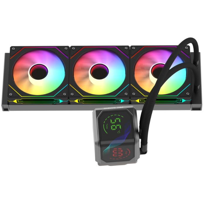 Raffreddatore a liquido con tre ventole RGB e display digitale della temperatura.