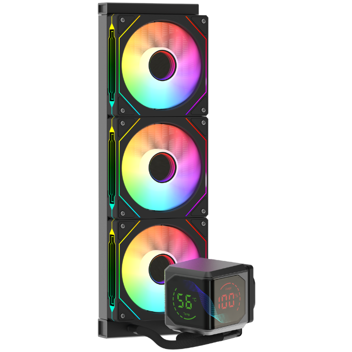 Un dissipatore a liquido nero per CPU con tre ventole RGB e un display digitale che mostra temperatura e utilizzo.