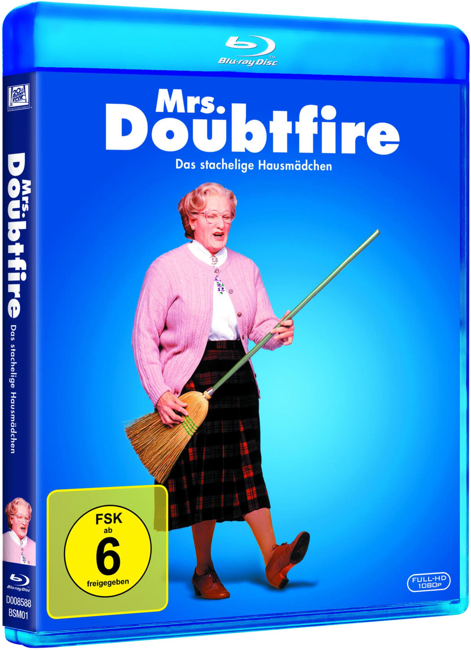 Blu-ray-Hülle des Films Mrs. Doubtfire mit der Hauptfigur in rosafarbenem Cardigan und Rock, die einen Besen hält.