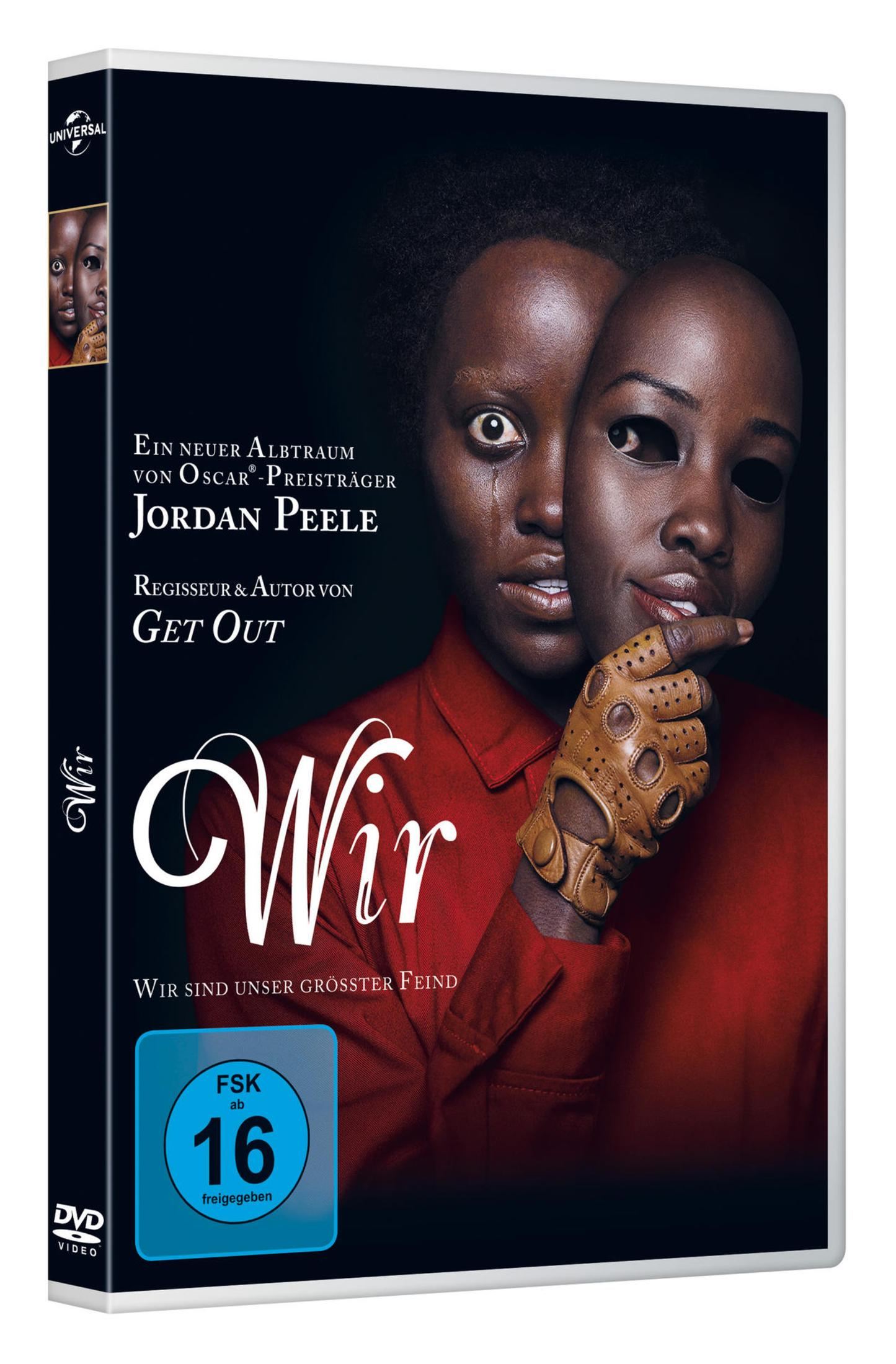 DVD-Cover für Wir mit einer Frau im roten Hemd, die eine dunkle Maske vor ihr Gesicht hält.