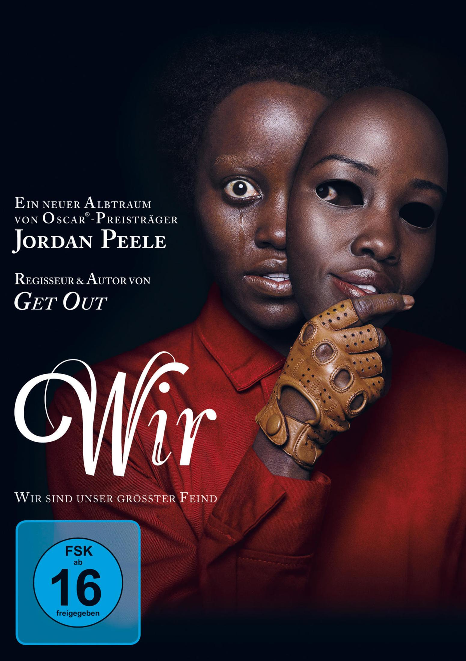 Eine Person in roter Kleidung hält eine gruselige Maske vor ihr Gesicht. Deutscher Filmposter für Wir.