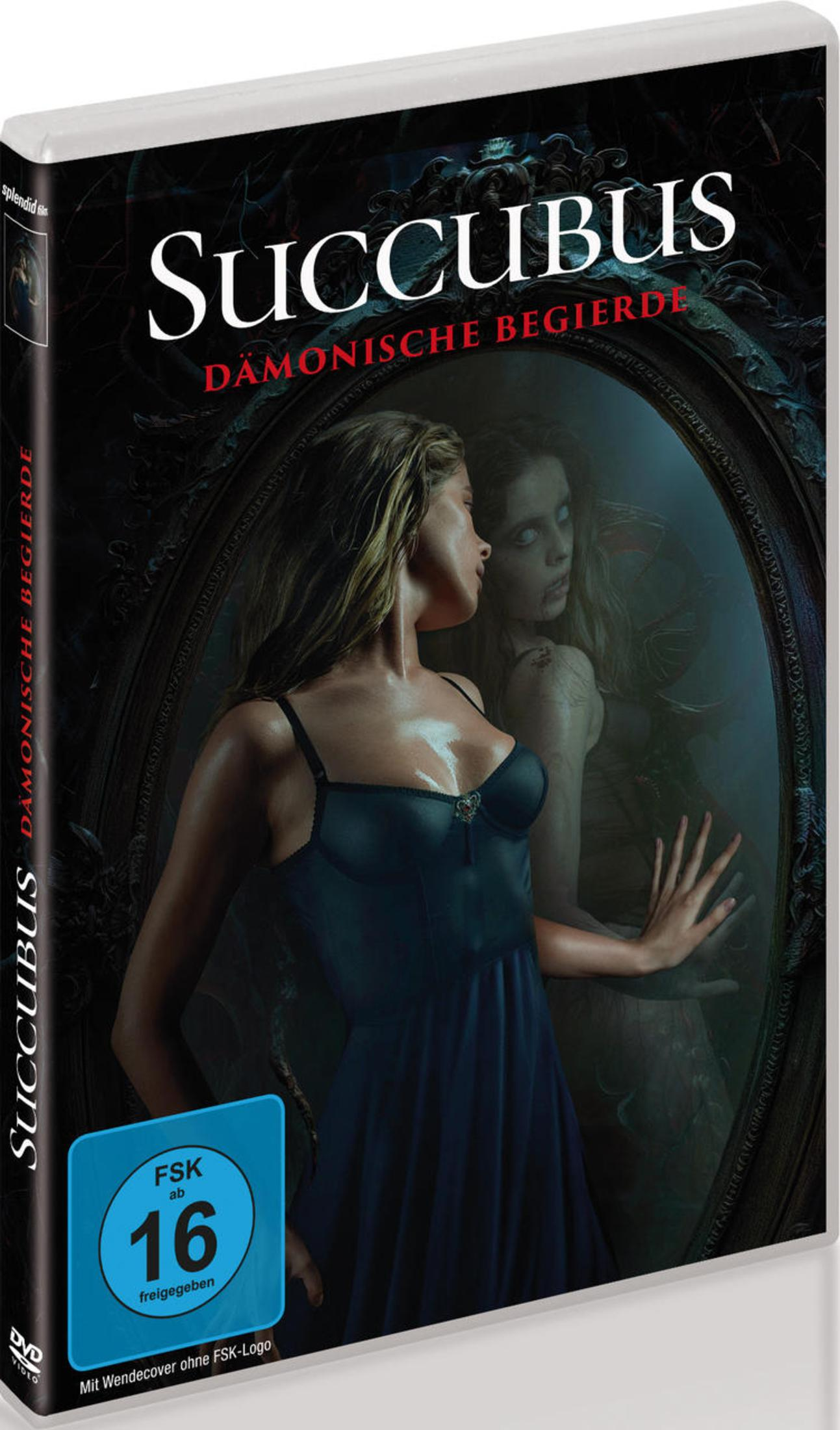DVD-Cover von Succubus – Dämonische Begierde mit einer Frau im blauen Kleid und ihrem Spiegelbild.