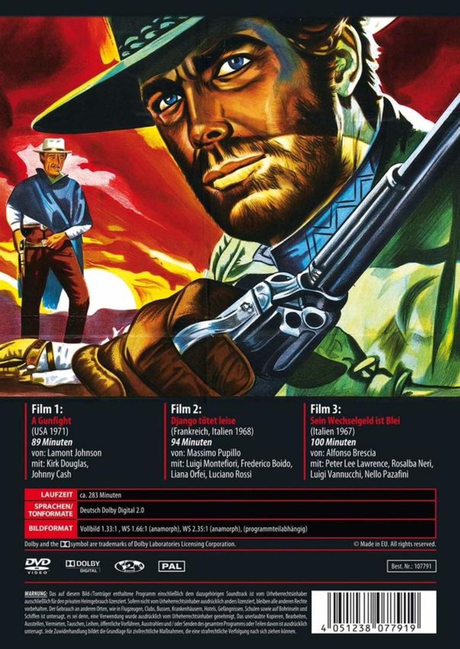 Western-Filmplakat mit Cowboy im Vordergrund, der eine Waffe hält, und Textinformationen am unteren Rand.