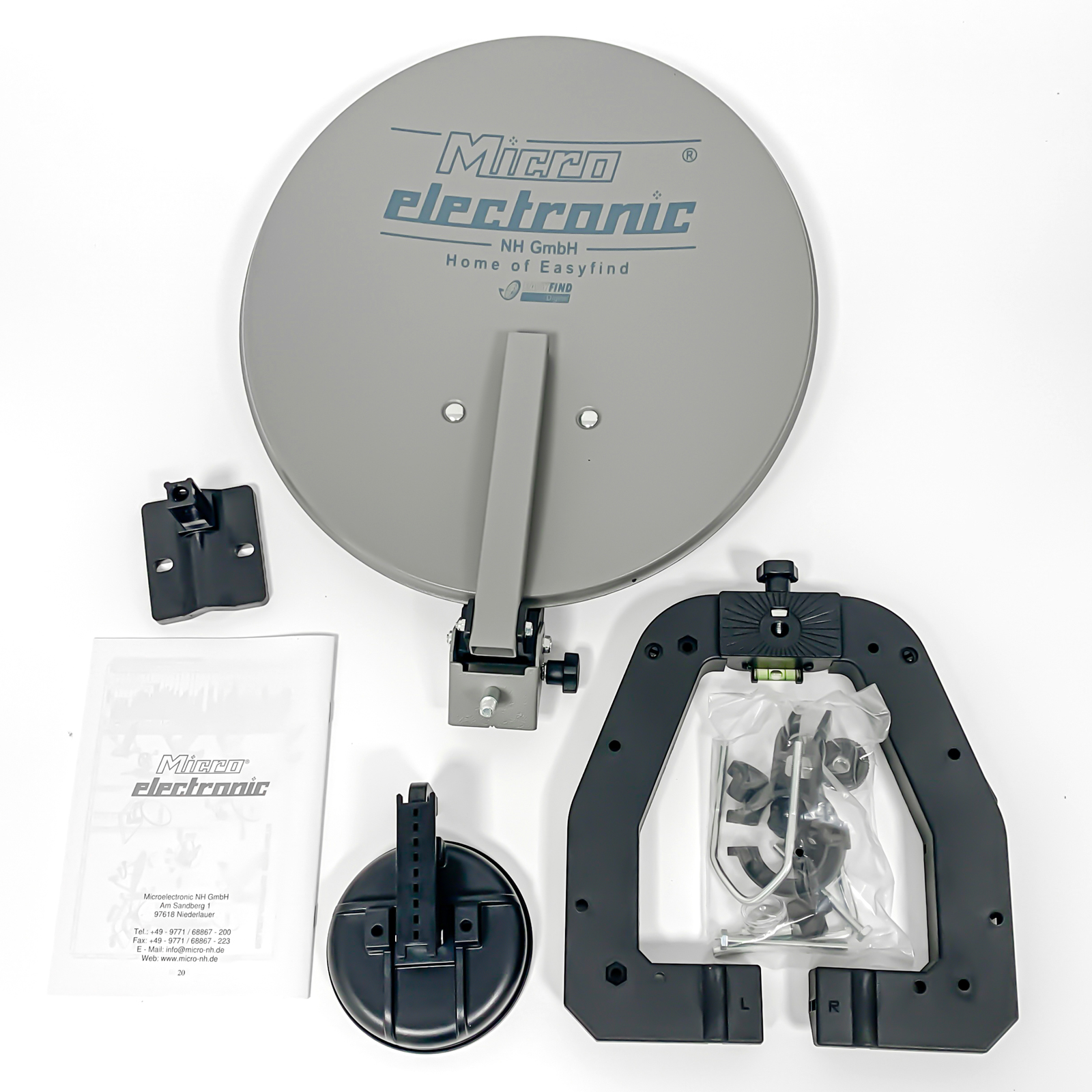 Graue Micro Electronic Satellitenschüssel mit Montagezubehör, Saugfuß und Bedienungsanleitung.