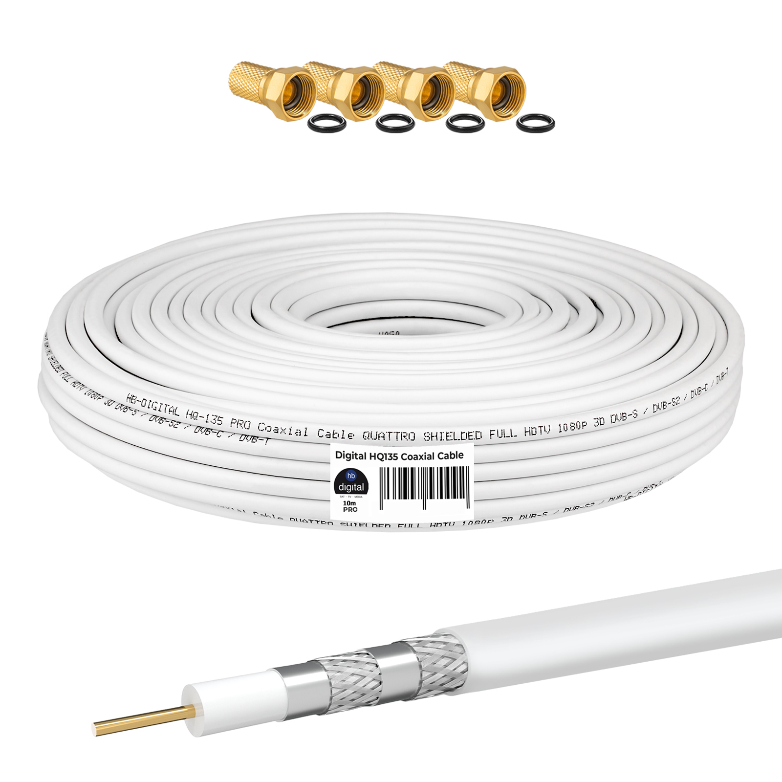 Ein weißes Koaxialkabel als Rolle, oben vier goldene Stecker mit Dichtringen und unten ein abisoliertes Kabelende.
