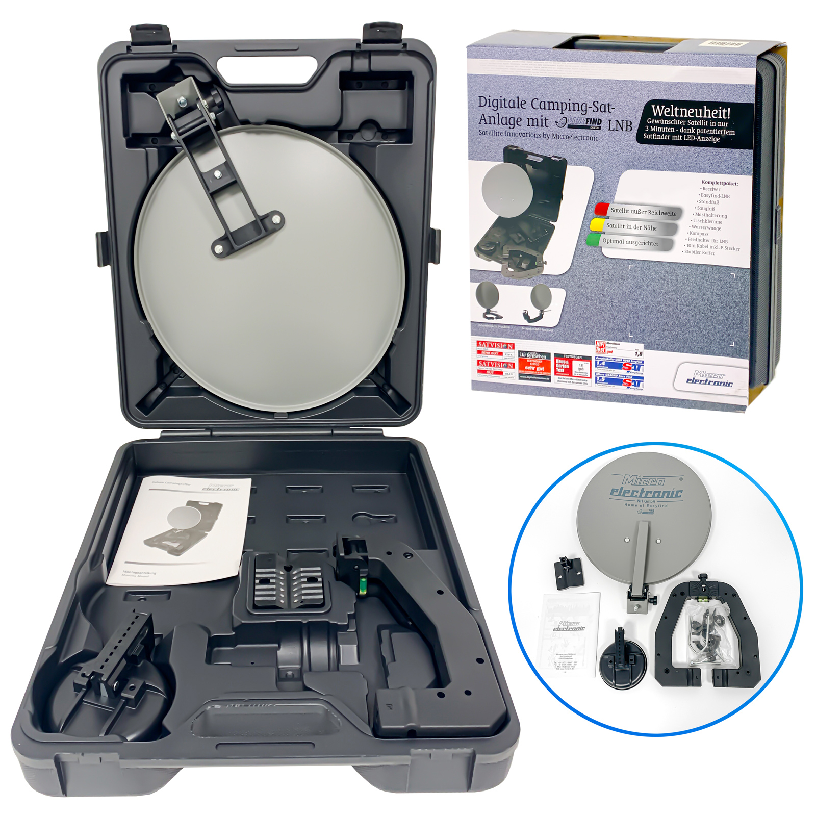Tragbare Camping-Satellitenantenne im Koffer mit Zubehör und farbiger Produktverpackung.
