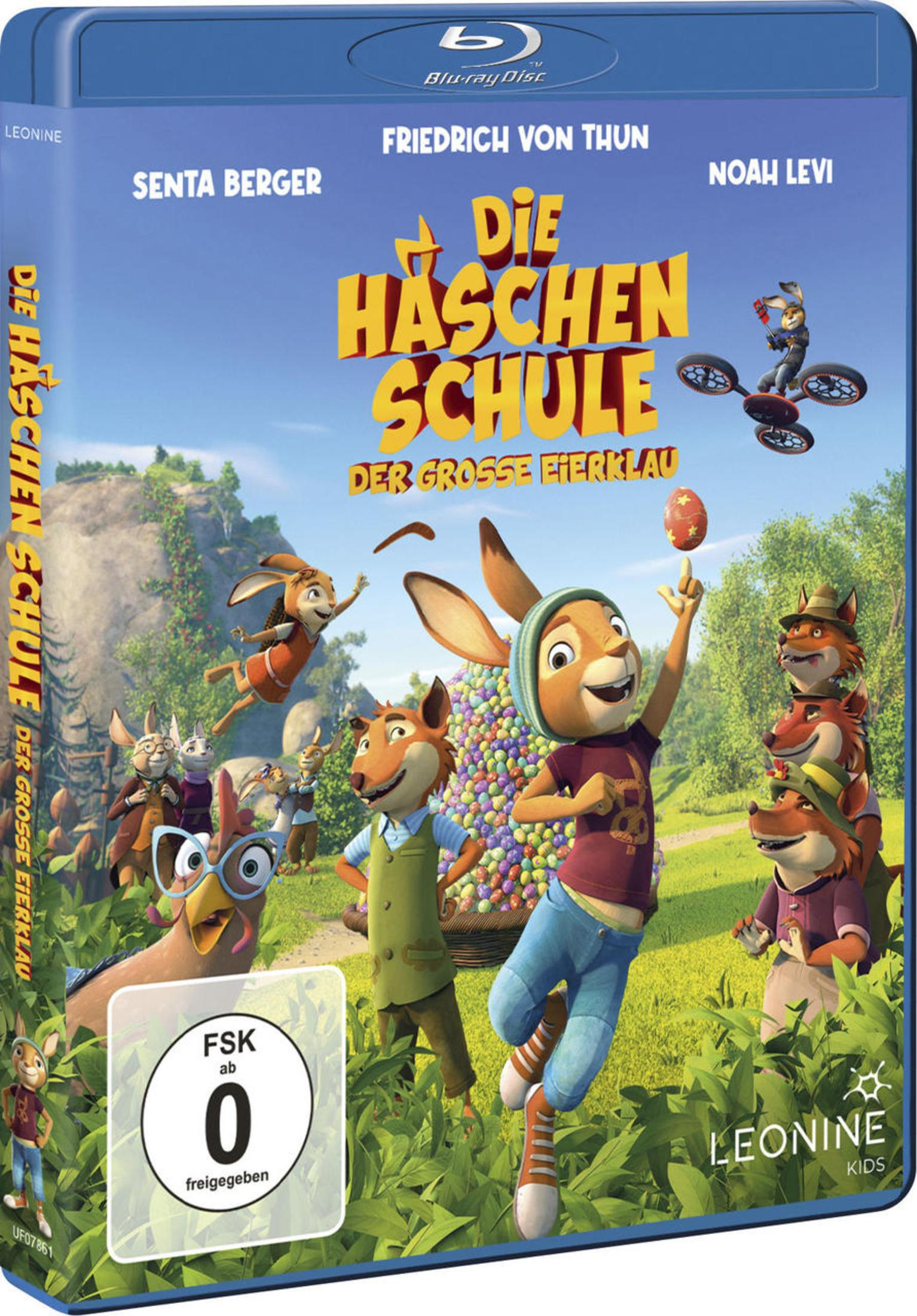 Blu-ray-Hülle des Films Die Häschschule mit animierten Hasen und Füchsen auf einer frühlingshaften Wiese.
