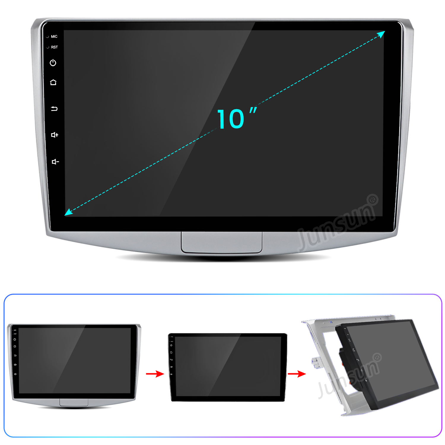 Ein 10-Zoll-Autoradio-Bildschirm mit Touch-Steuerung und Installationsschritten unten.
