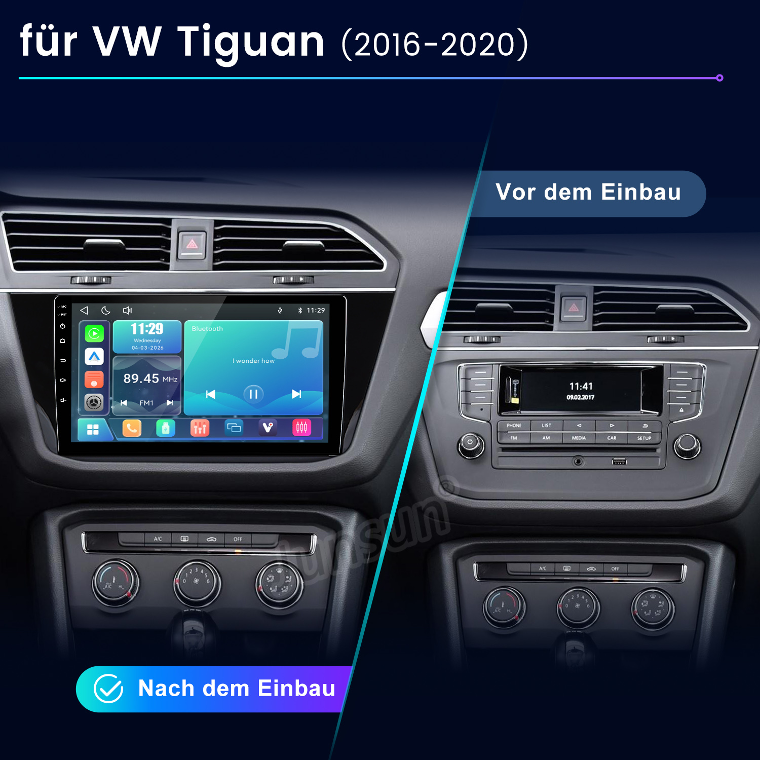 Porównanie deski rozdzielczej VW Tiguan przed i po instalacji nowego systemu multimedialnego.
