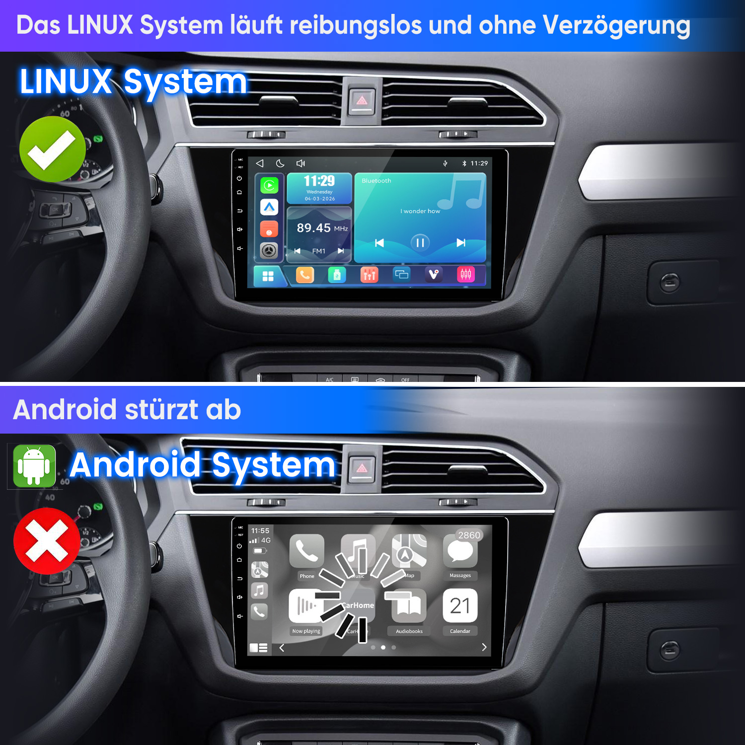 Vergleich zweier Auto-Displays: Linux-System läuft reibungslos, Android-System zeigt Fehlermeldungen.