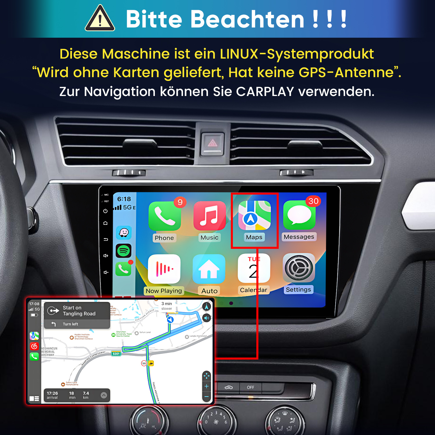 Wnętrze samochodu z ekranem CarPlay pokazującym nawigację i tekst ostrzegawczy na górze.
