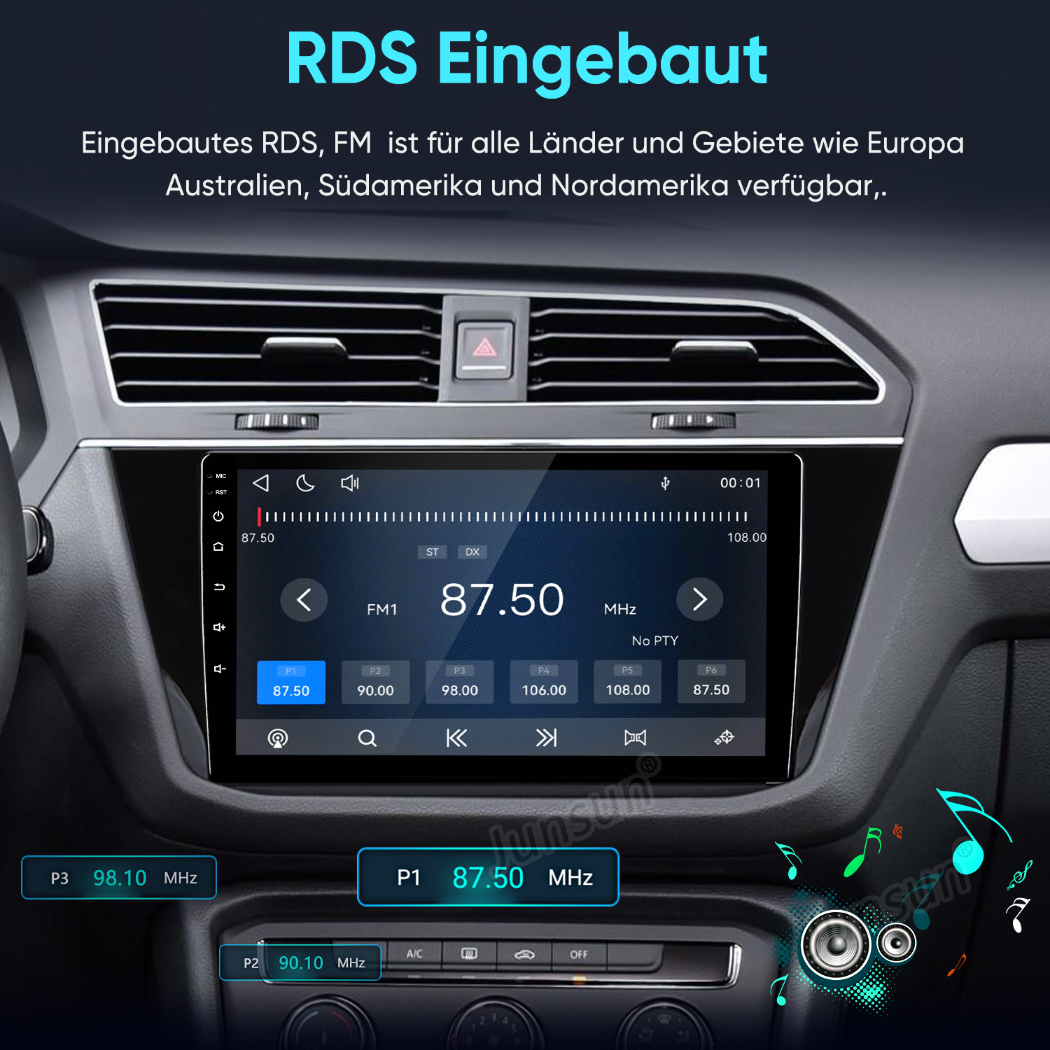 Ekran car audio wyświetla częstotliwość 87,50 MHz na desce rozdzielczej auta.