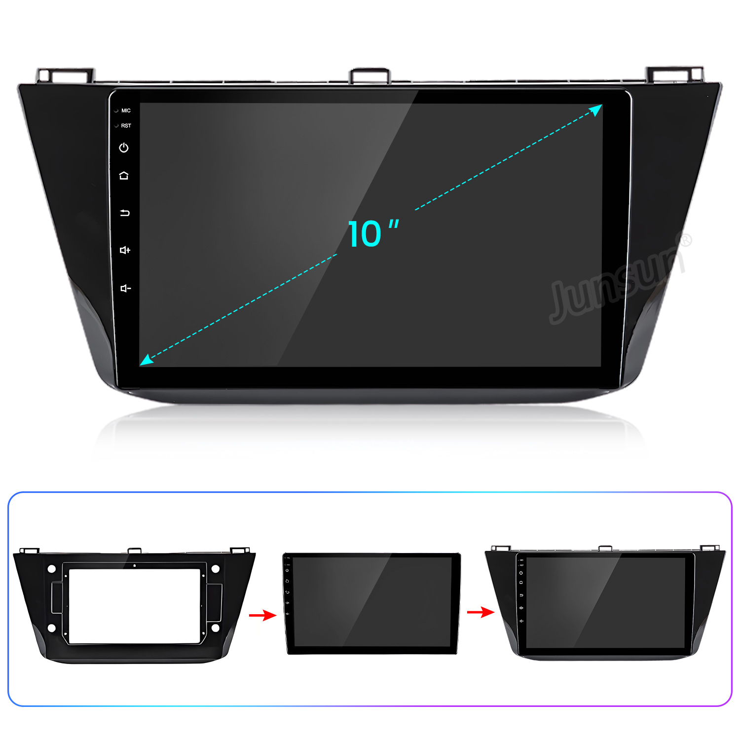Ein schwarzes 10-Zoll-Auto-Navigationssystem mit Touchscreen und Einbauanleitung.