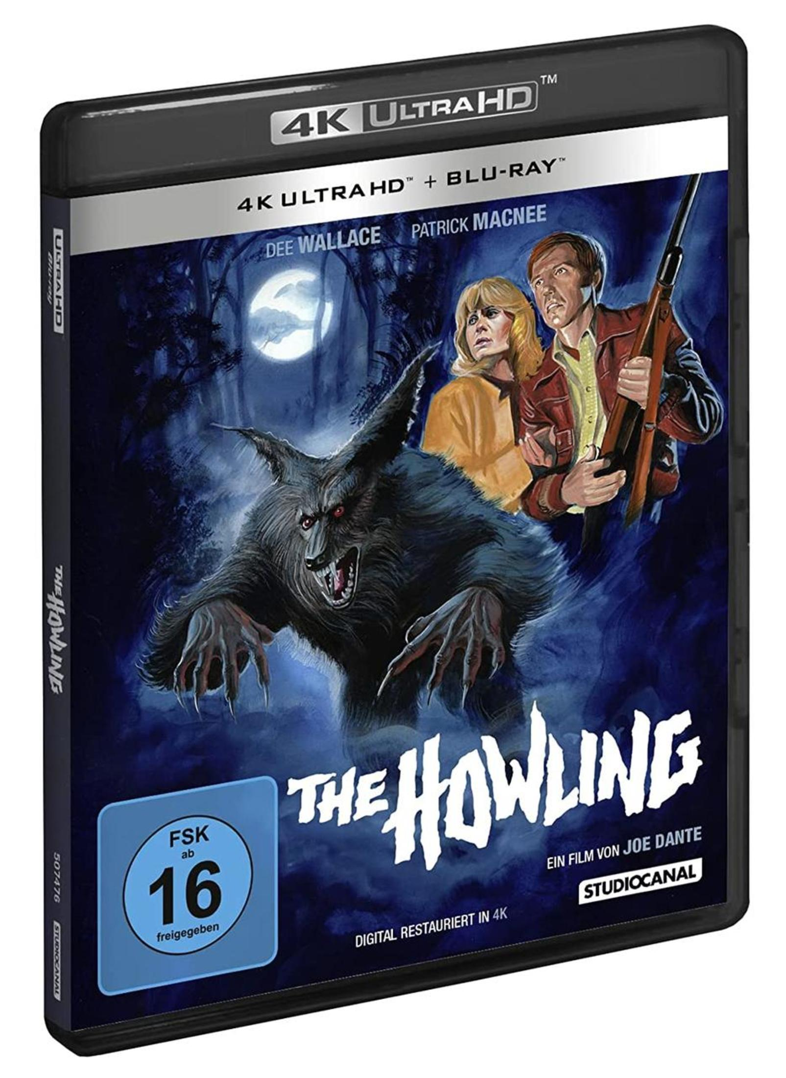 Blu-ray-Hülle des Films The Howling mit einem Werwolf im Vordergrund und zwei erschrockenen Menschen im Hintergrund.
