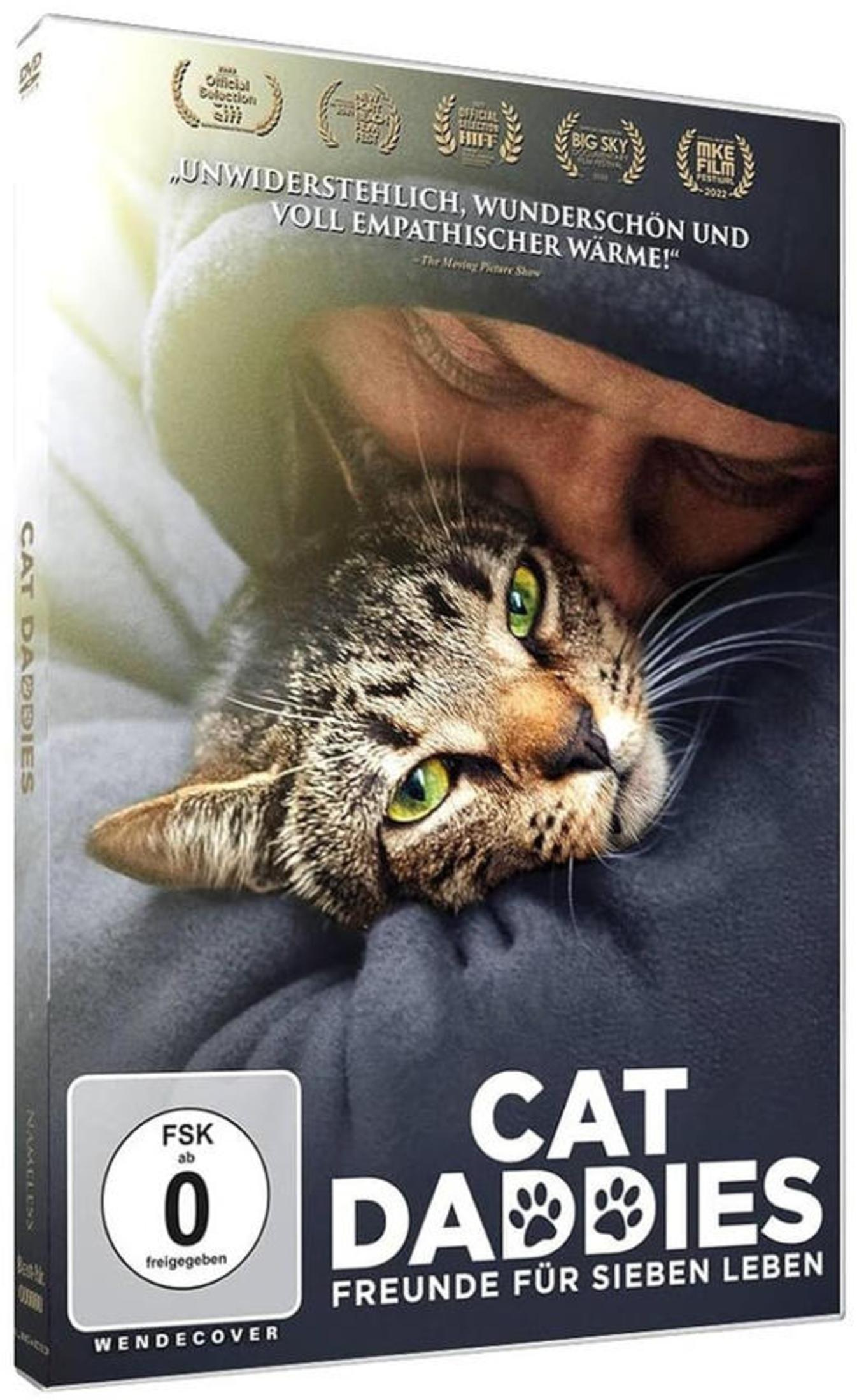 DVD-Cover von Cat Daddies mit einer Person, die eine getigerte Katze an sich drückt.