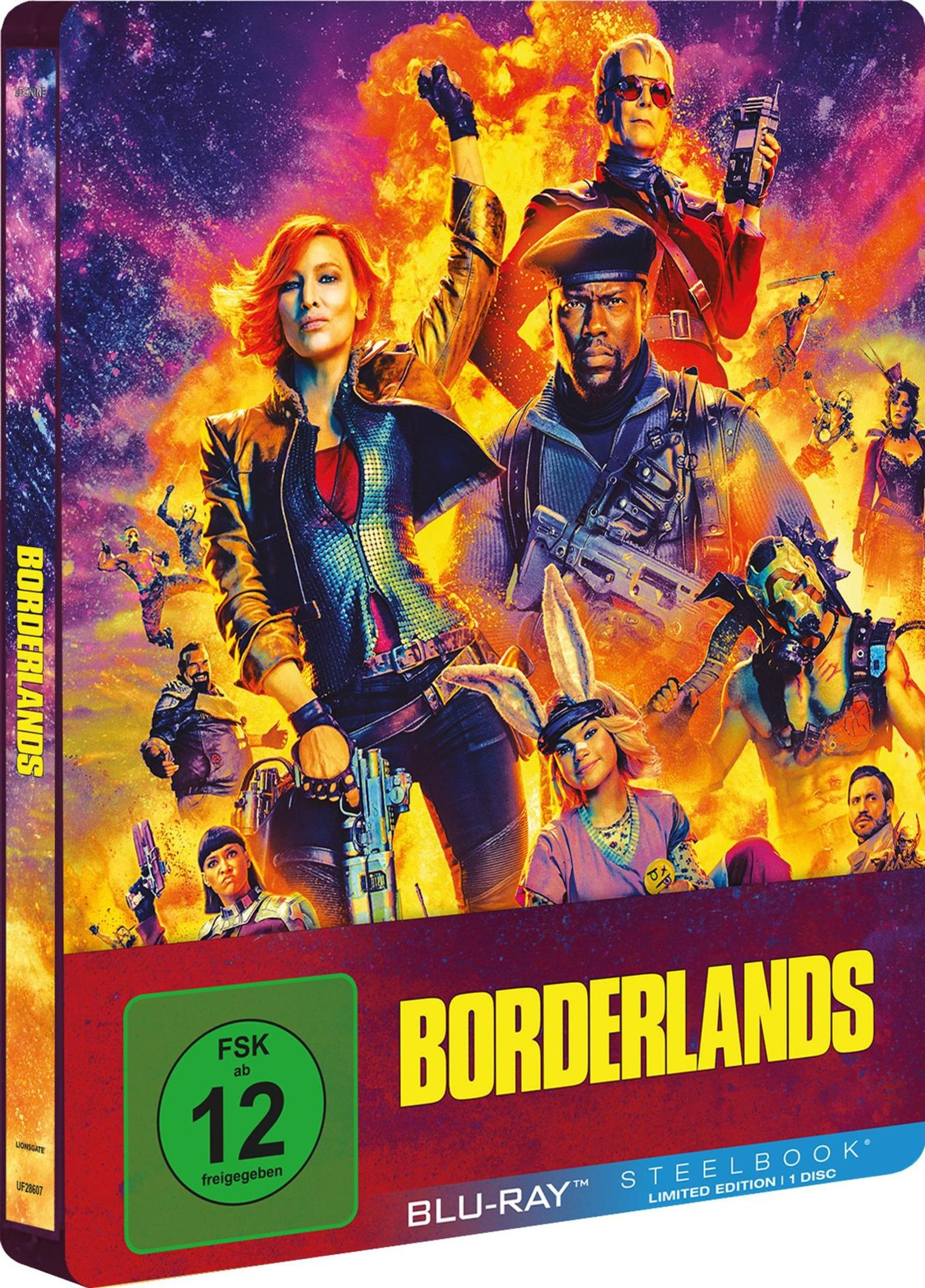 Borderlands Blu-ray Steelbook-Cover mit dem bewaffneten Filmteam vor einer bunten Explosion.