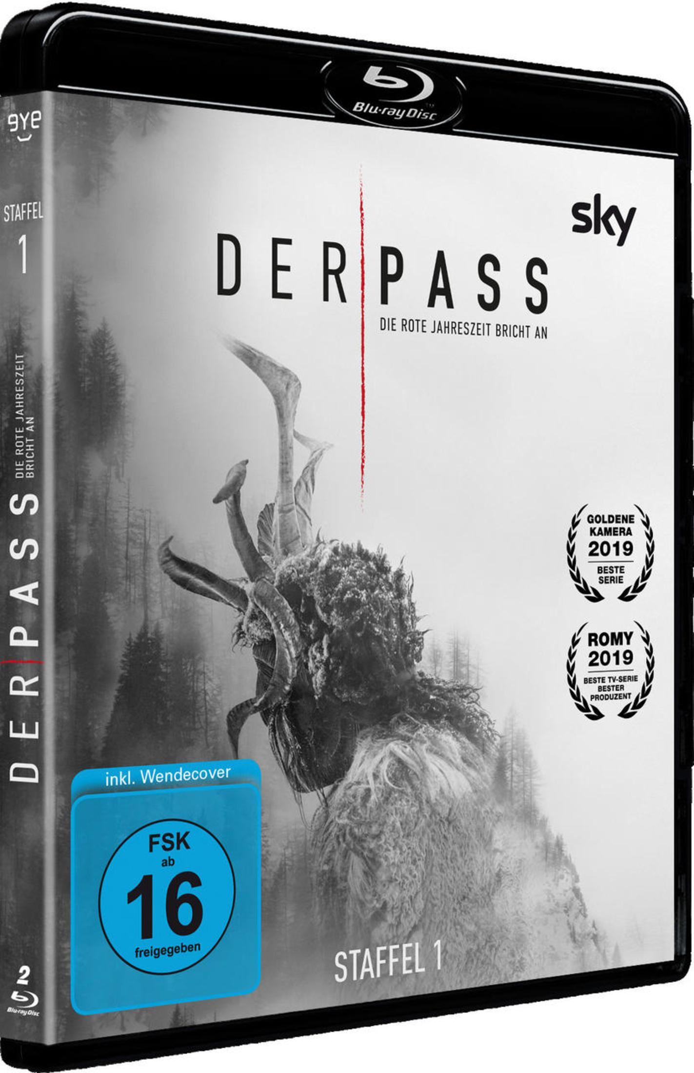 Blu-ray-Hülle von Der Pass Staffel 1 mit einer mysteriösen, verschneiten Waldfigur und deutscher FSK 16 Kennzeichnung.