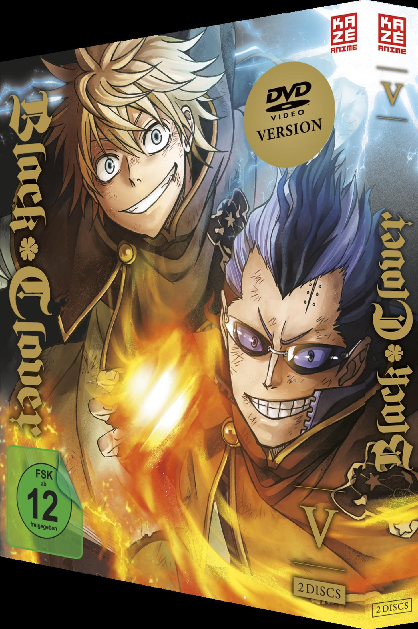 DVD-Hülle von Black Clover mit zwei männlichen Anime-Charakteren mit intensiven Ausdrücken, Flammen und Titel.