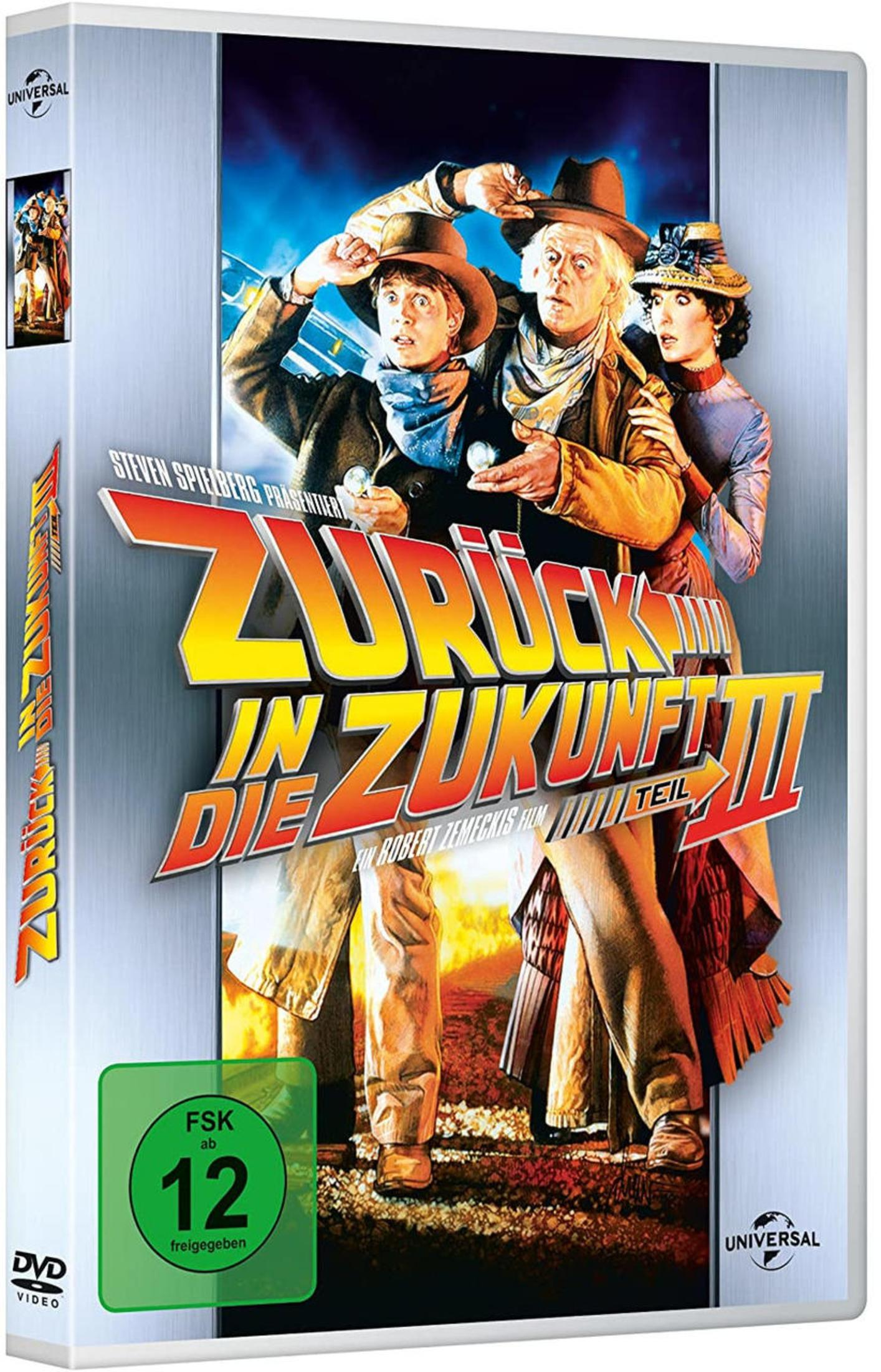DVD-Hülle von Zurück in die Zukunft III mit den drei Hauptfiguren und dem Filmtitel vor metallischem Hintergrund.