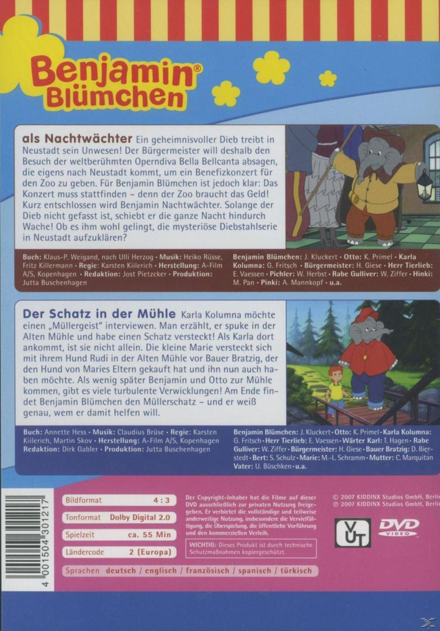 DVD-Rückseite von Benjamin Blümchen mit Texten, Credits und Illustrationen zu den Geschichten.