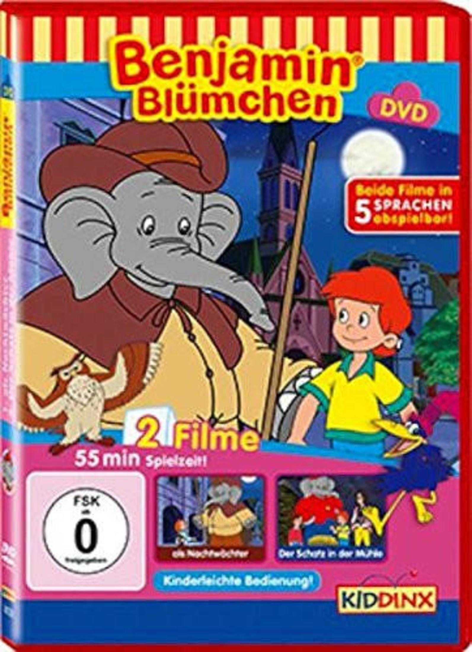 DVD-Cover von Benjamin Blümchen mit Elefant, Junge und Eule vor nächtlicher Stadtkulisse.