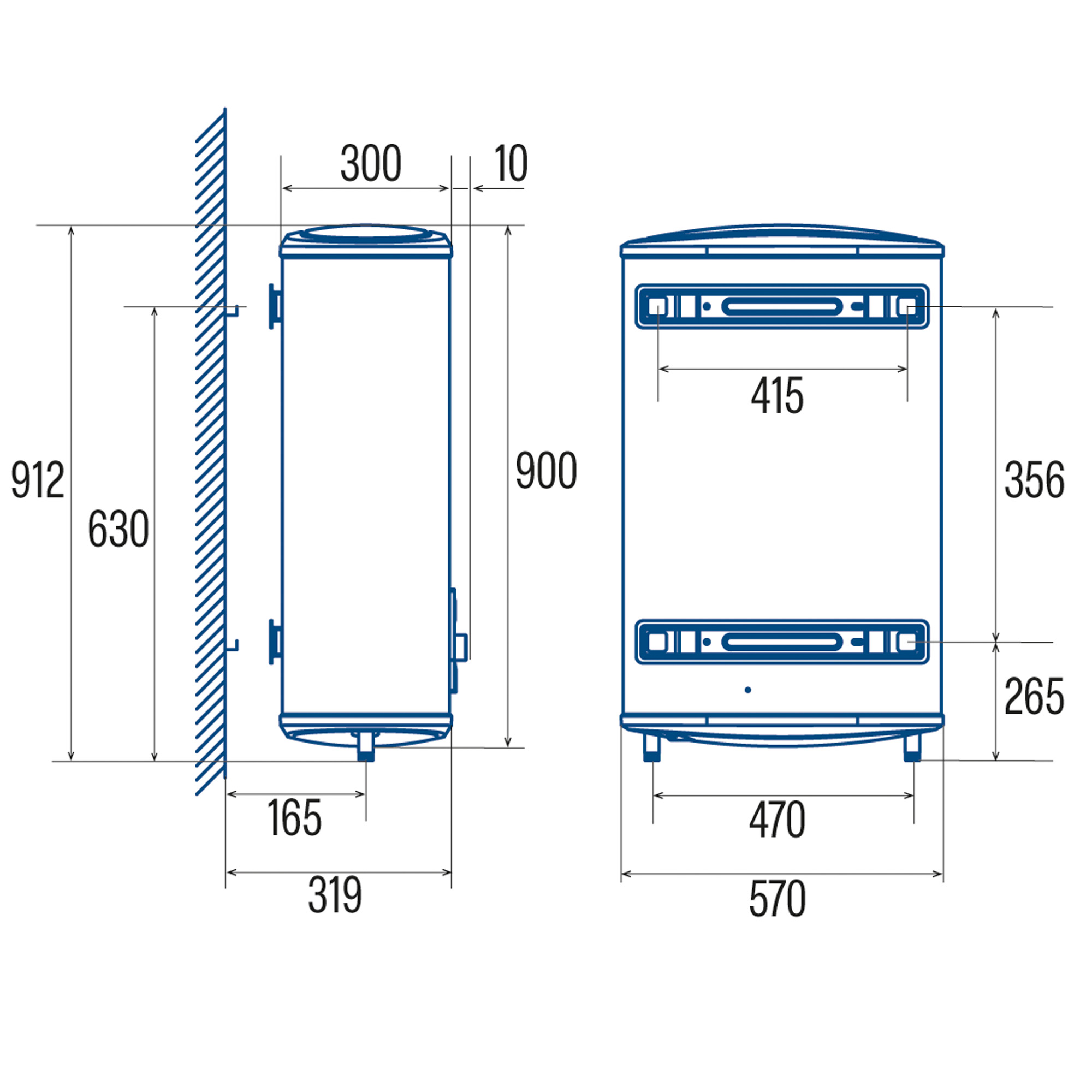 Plano técnico de un calentador de agua con dimensiones para montaje en pared.
