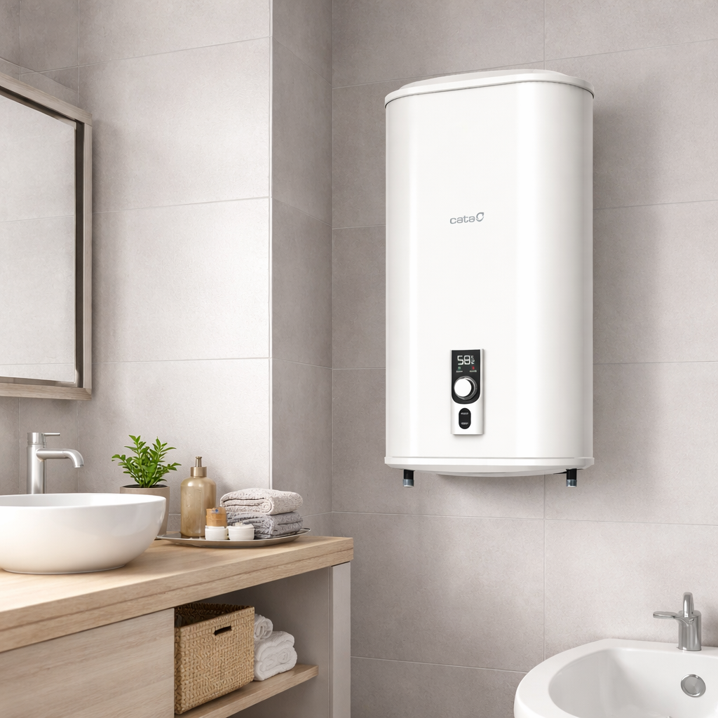 Calentador de agua blanco en pared de azulejos grises en baño moderno con lavabo y espejo.