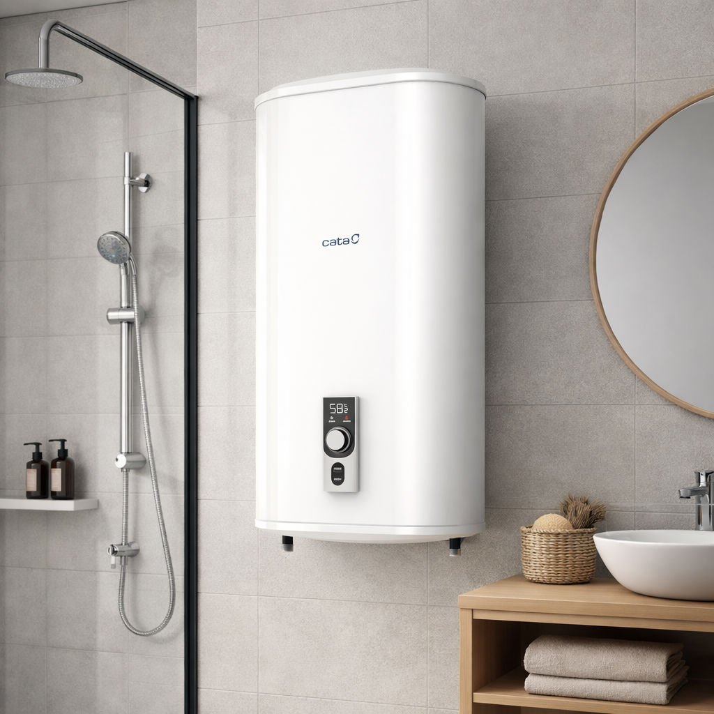 Un calentador de agua blanco Cata cuelga en una pared de baño gris al lado de una ducha y un lavabo.