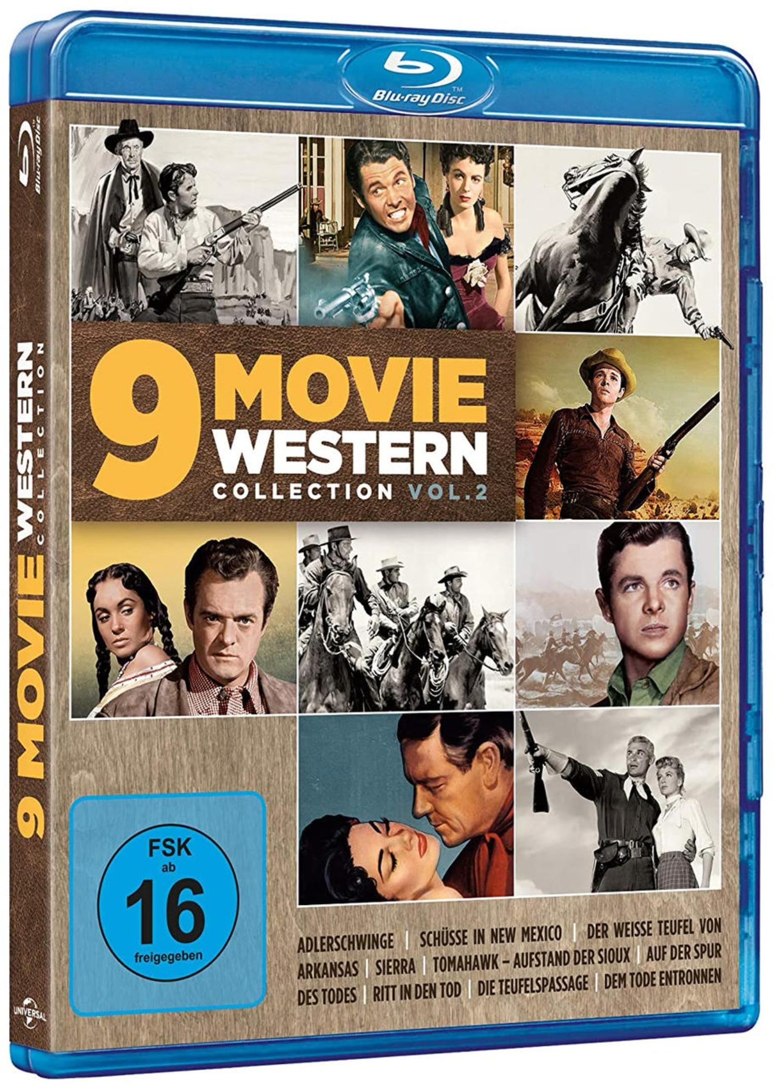 Blu-ray-Hülle der 9 Movie Western Collection Vol. 2 mit verschiedenen Filmszenen und FSK 16 Siegel.