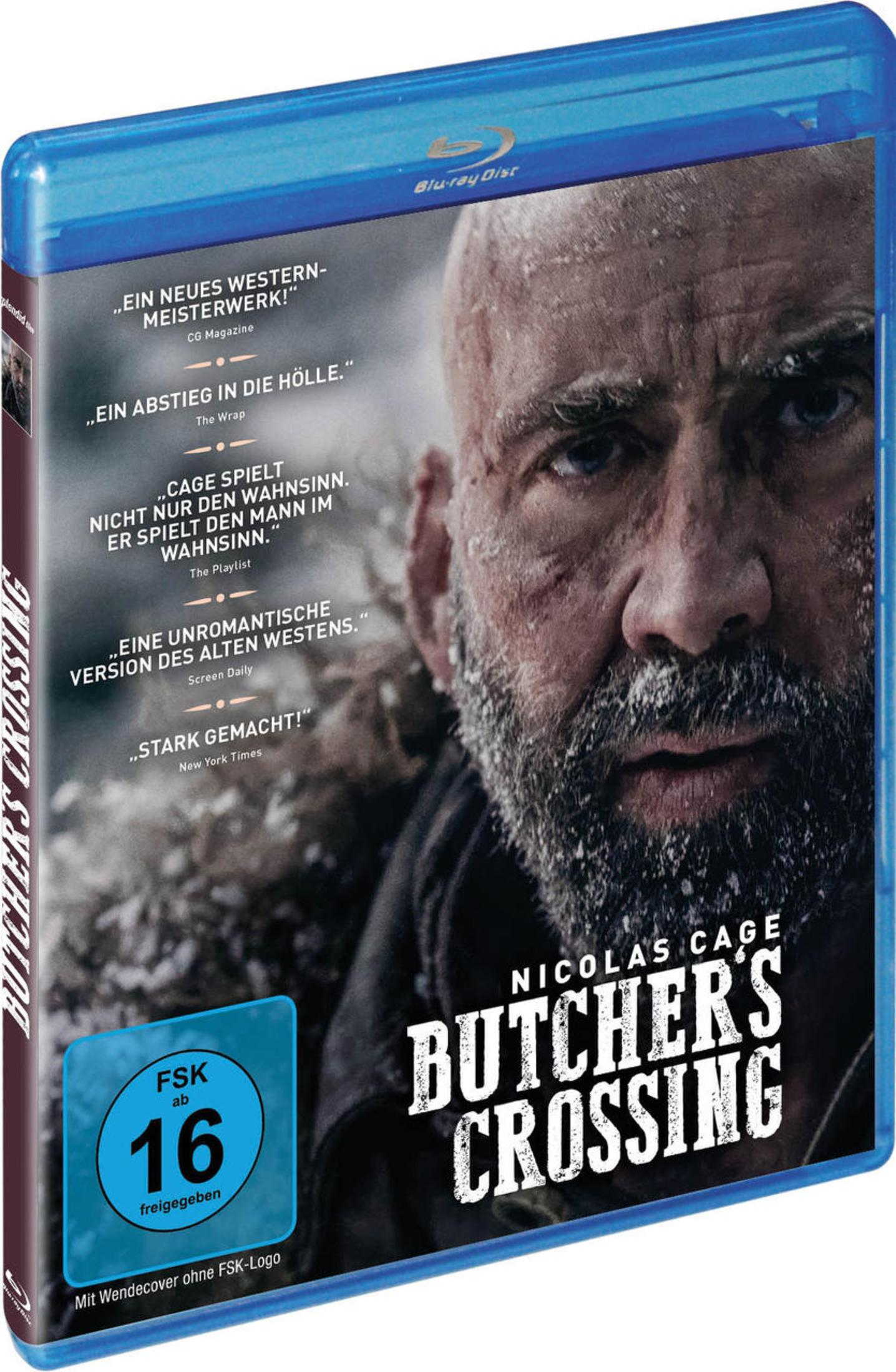 Blu-ray-Hülle des Films Butcher's Crossing mit einem Porträt von Nicolas Cage und Schnee im Bart.