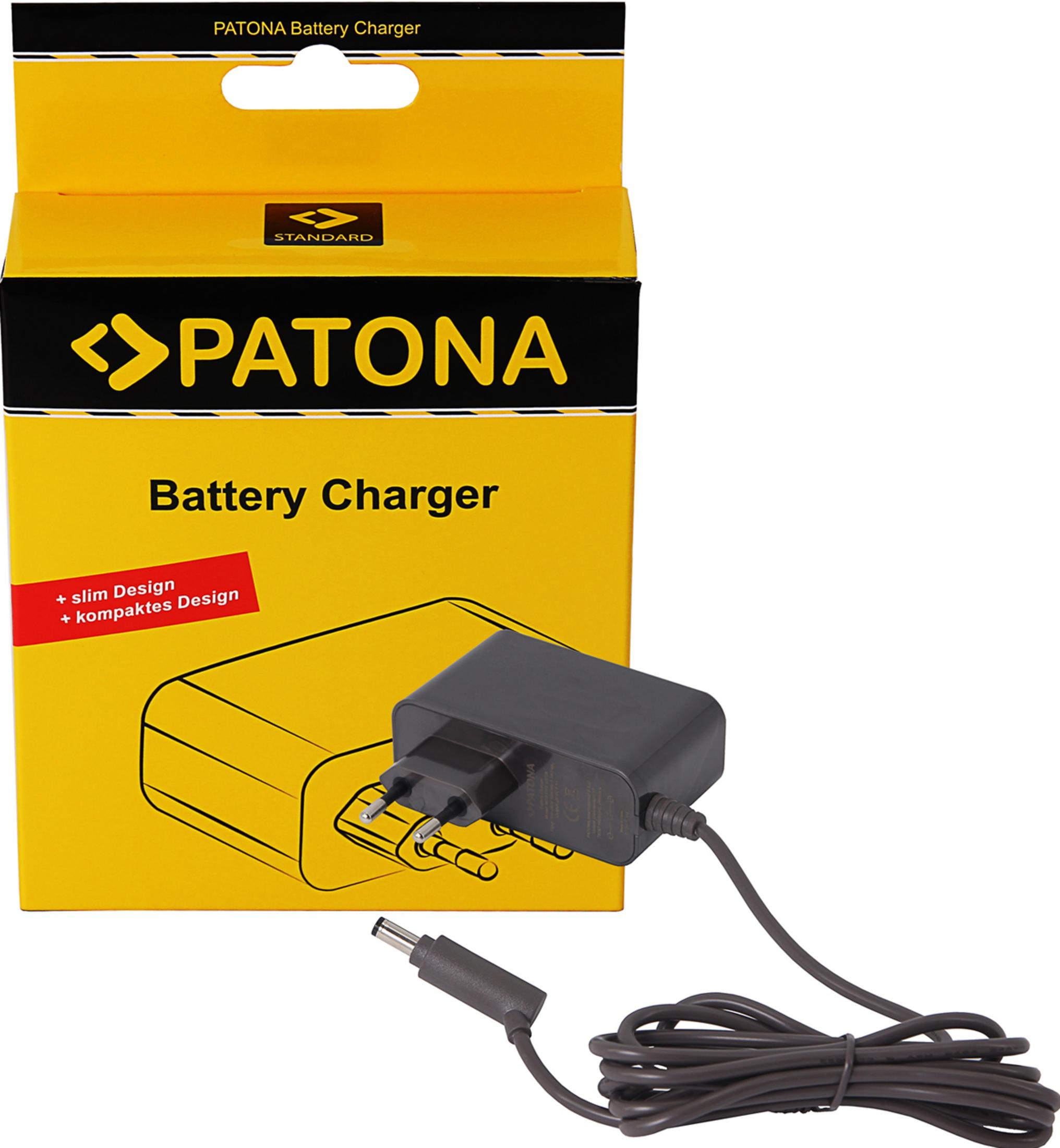 Ein schwarzes Patona-Batterieladegerät mit langem Kabel liegt vor seiner gelb-schwarzen Verpackung.