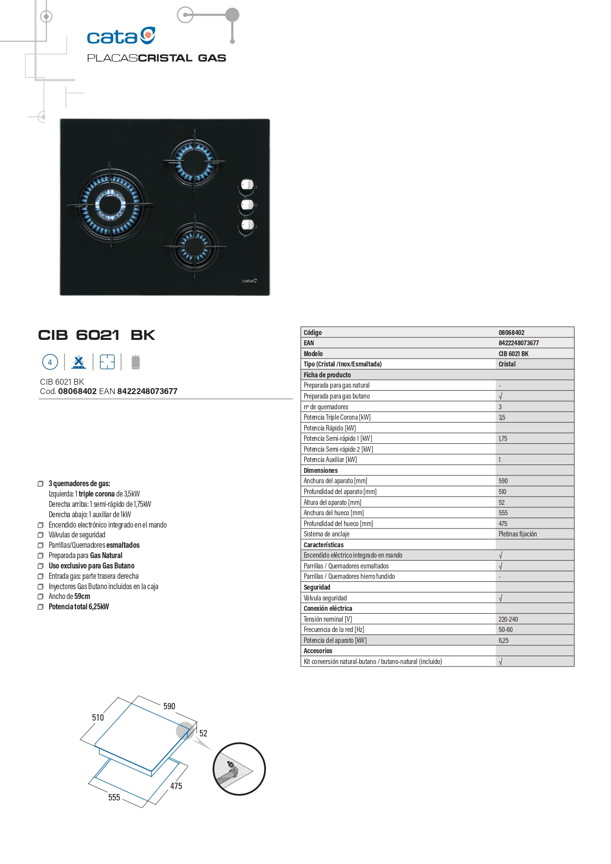Ficha de producto de placa de gas Cata CIB 6021 BK con tres llamas encendidas, especificaciones y medidas.