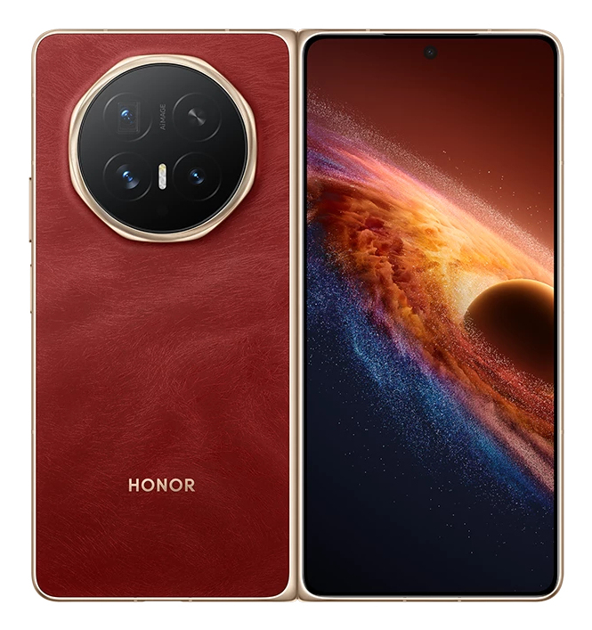 Uno smartphone pieghevole Honor rosso in ecopelle con modulo fotocamera rotondo sul retro, accanto al display acceso.