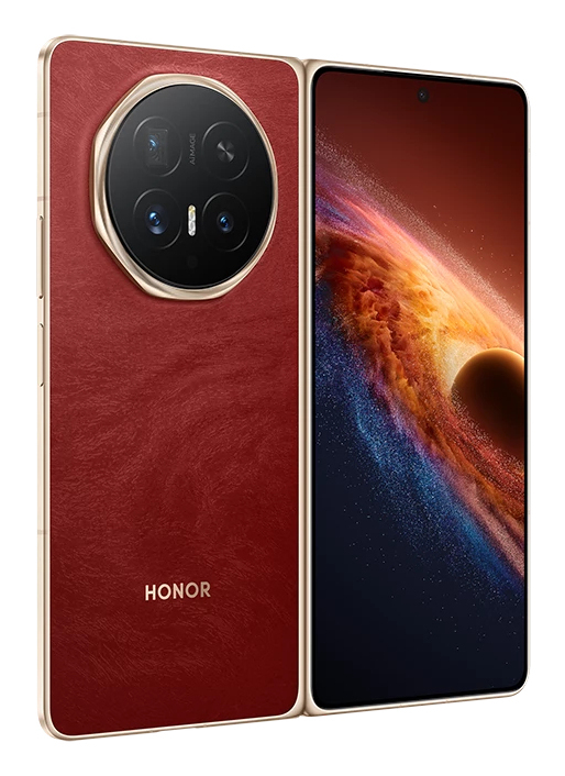 Smartphone Honor rosso con modulo fotocamera rotondo e schermo luminoso.