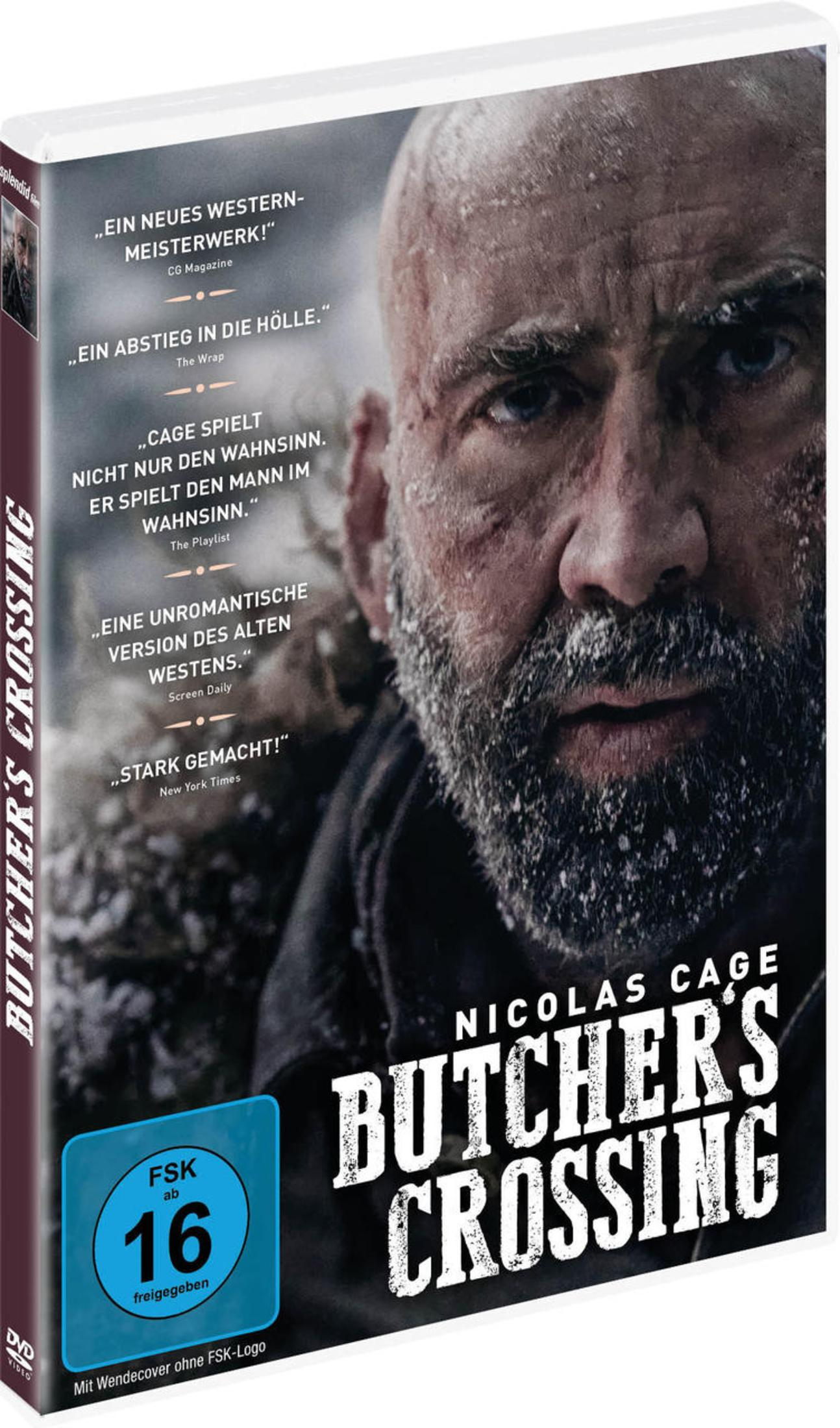 DVD-Cover mit Nicolas Cage mit schneebedecktem Bart auf dem Filmposter von Butcher's Crossing.