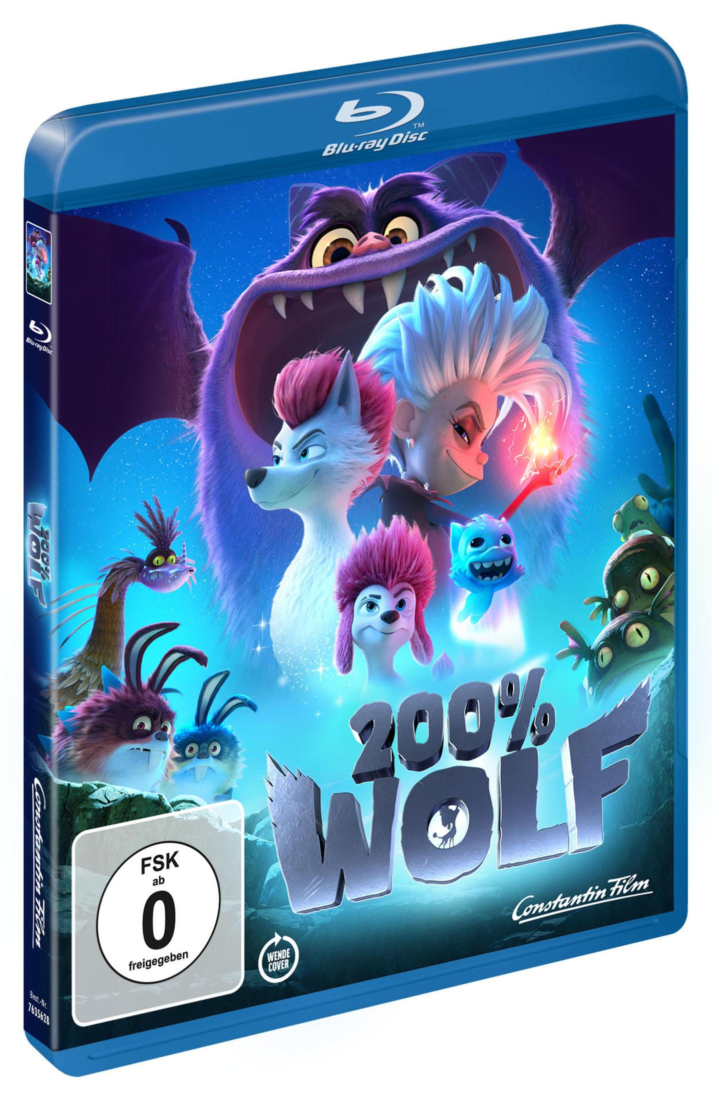 Blu-ray-Hülle des Animationsfilms 200% Wolf mit bunten Charakteren und einem großen lila Monster vor blauem Nachthimmel.