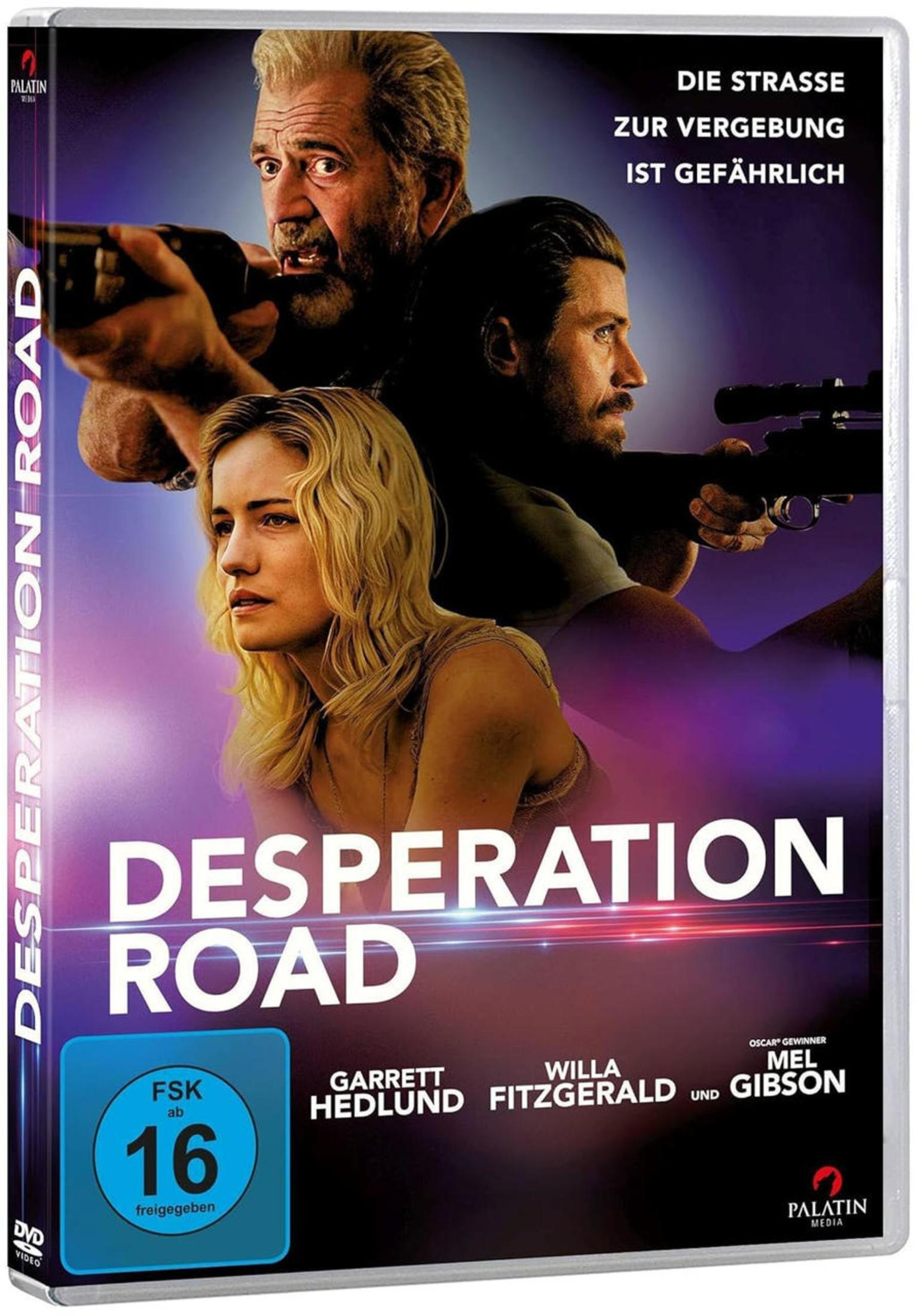 DVD-Cover von Desperation Road mit drei Schauspielern und Waffen vor dunklem Hintergrund.