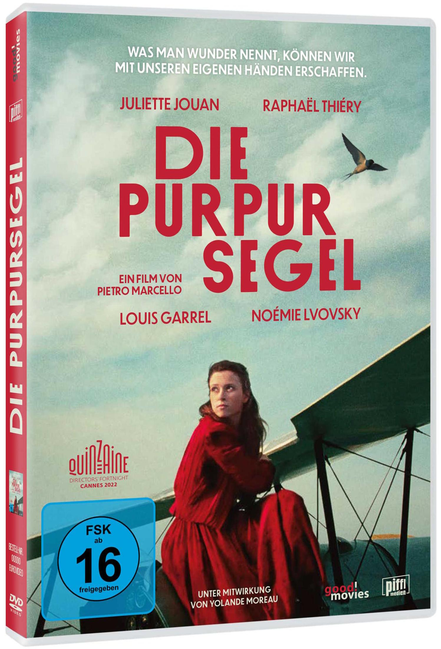 DVD-Cover von 'Die Purpursegel' mit einer Frau in rotem Kleid, einem Flugzeug und einer fliegenden Schwalbe.