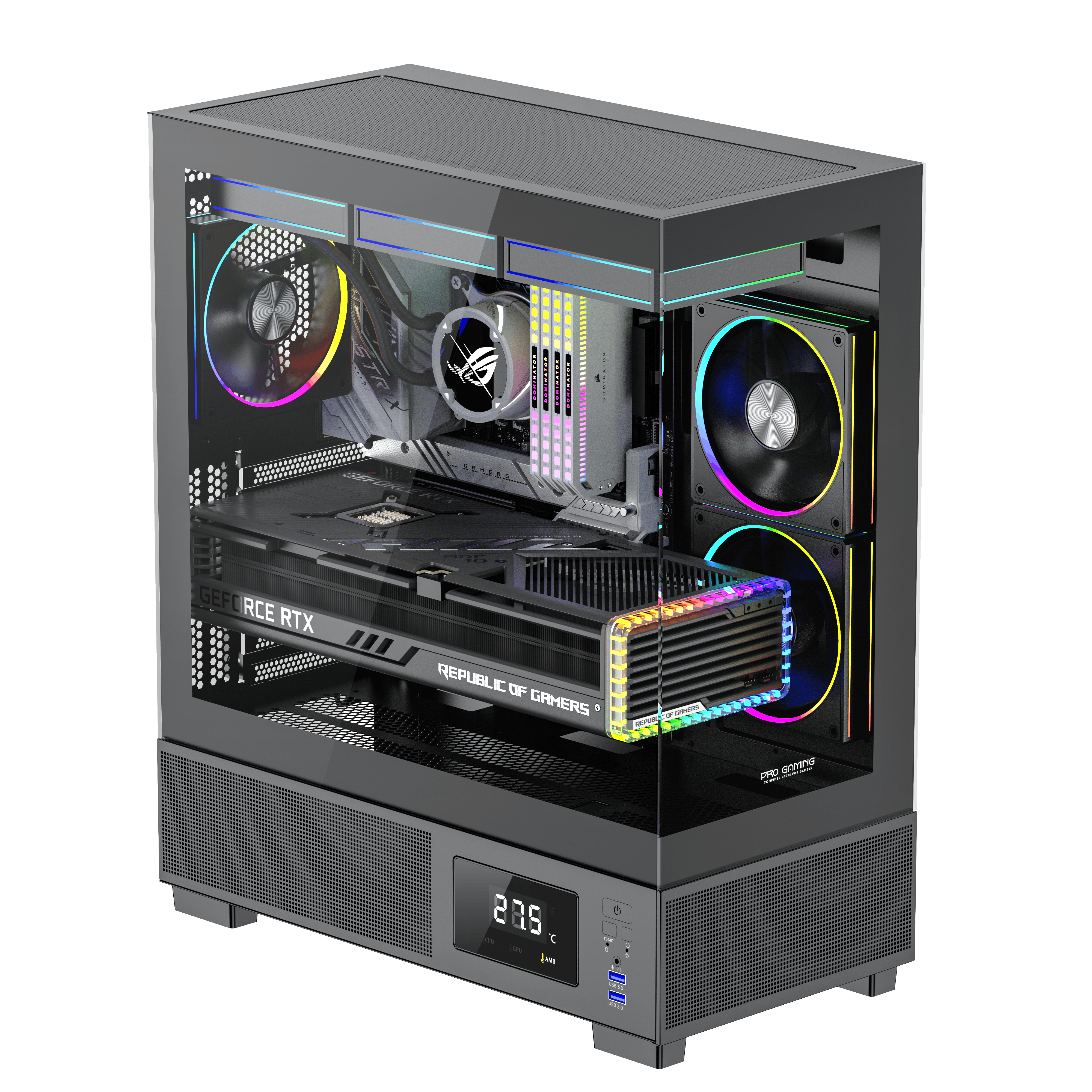 Moderno case per PC da gioco con ventole RGB, scheda grafica e display della temperatura.
