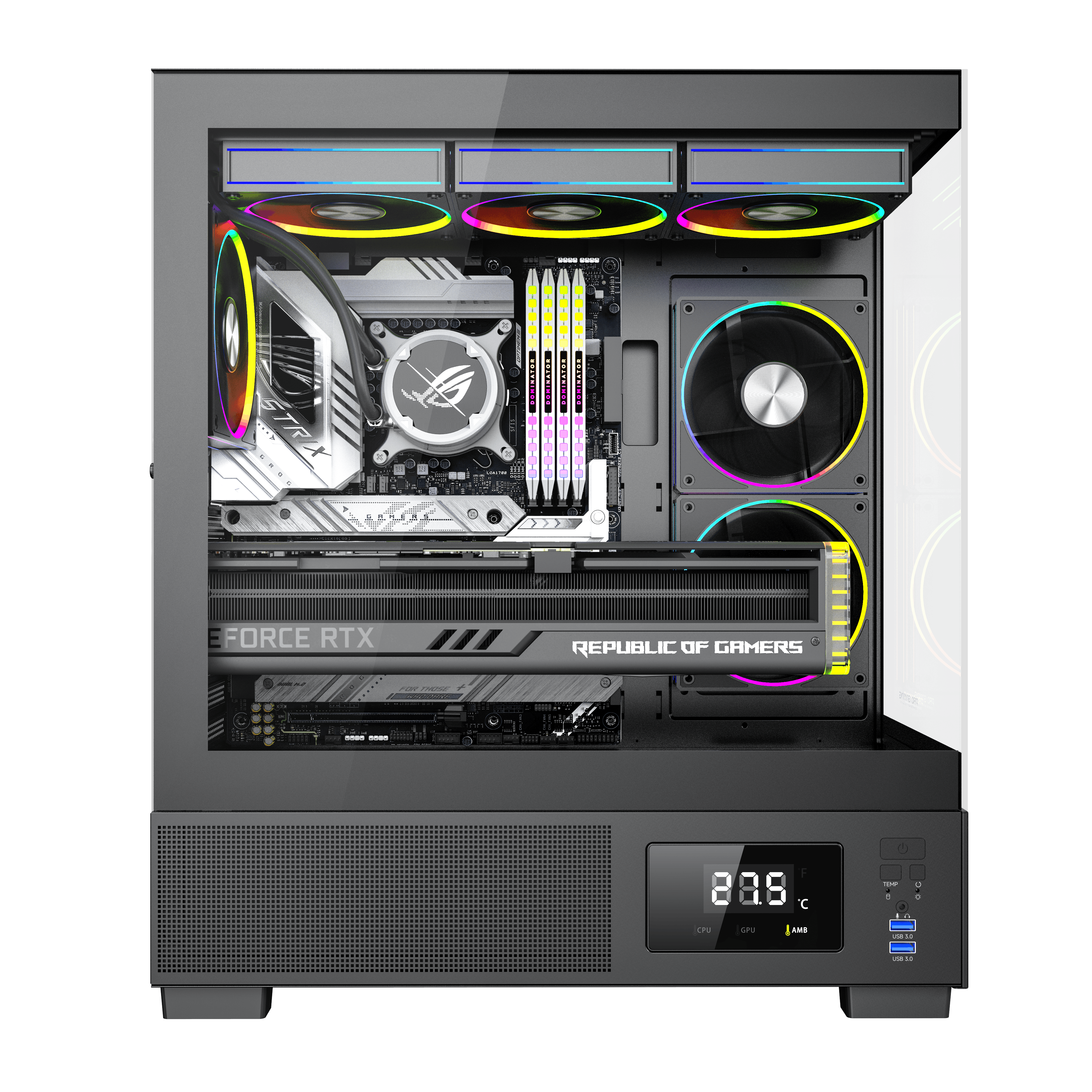 Interno di PC da gioco con scheda madre bianca, ventole RGB, scheda grafica GeForce RTX e display della temperatura.