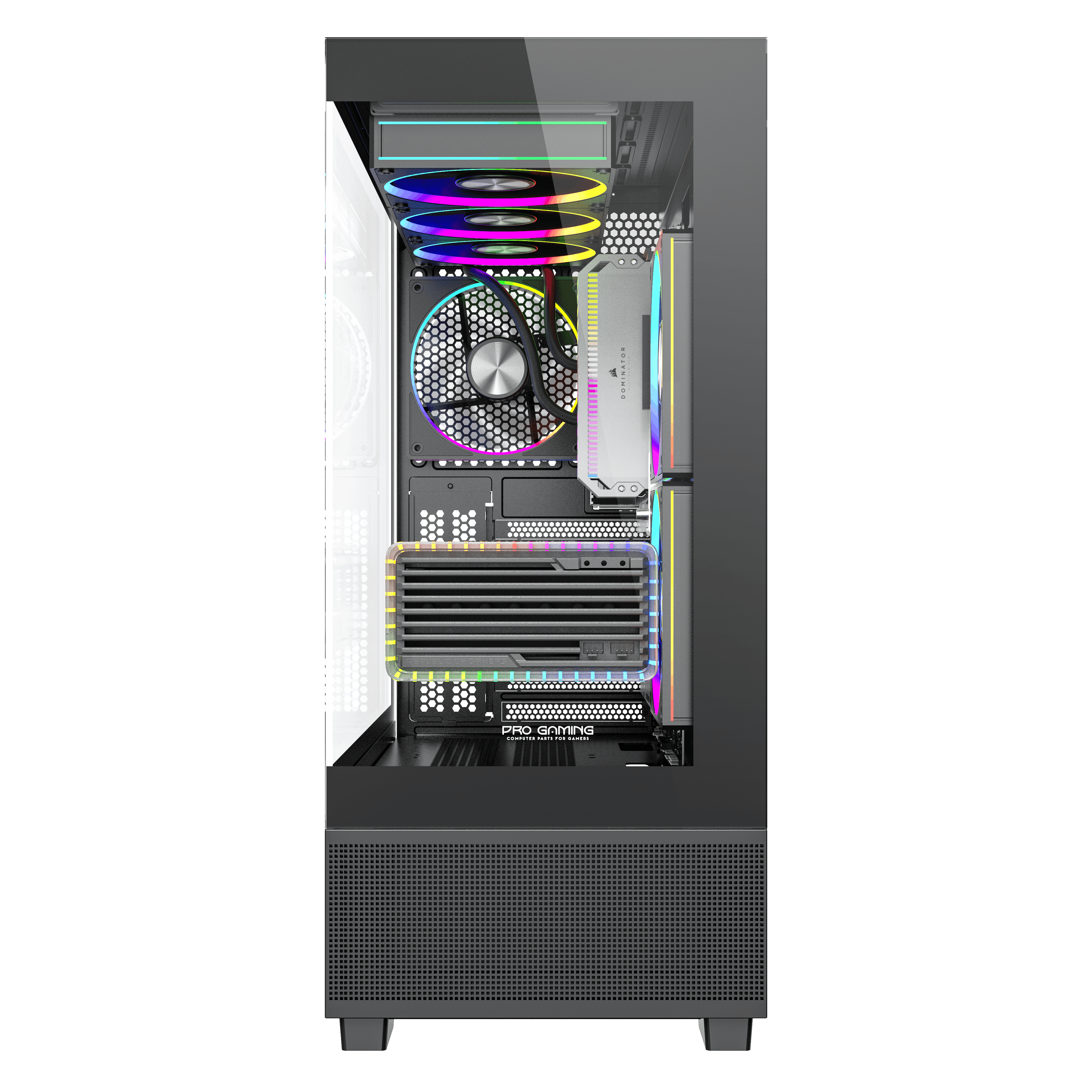 Un case per PC da gioco nero con illuminazione RGB colorata su ventole e componenti interni, visto frontalmente.