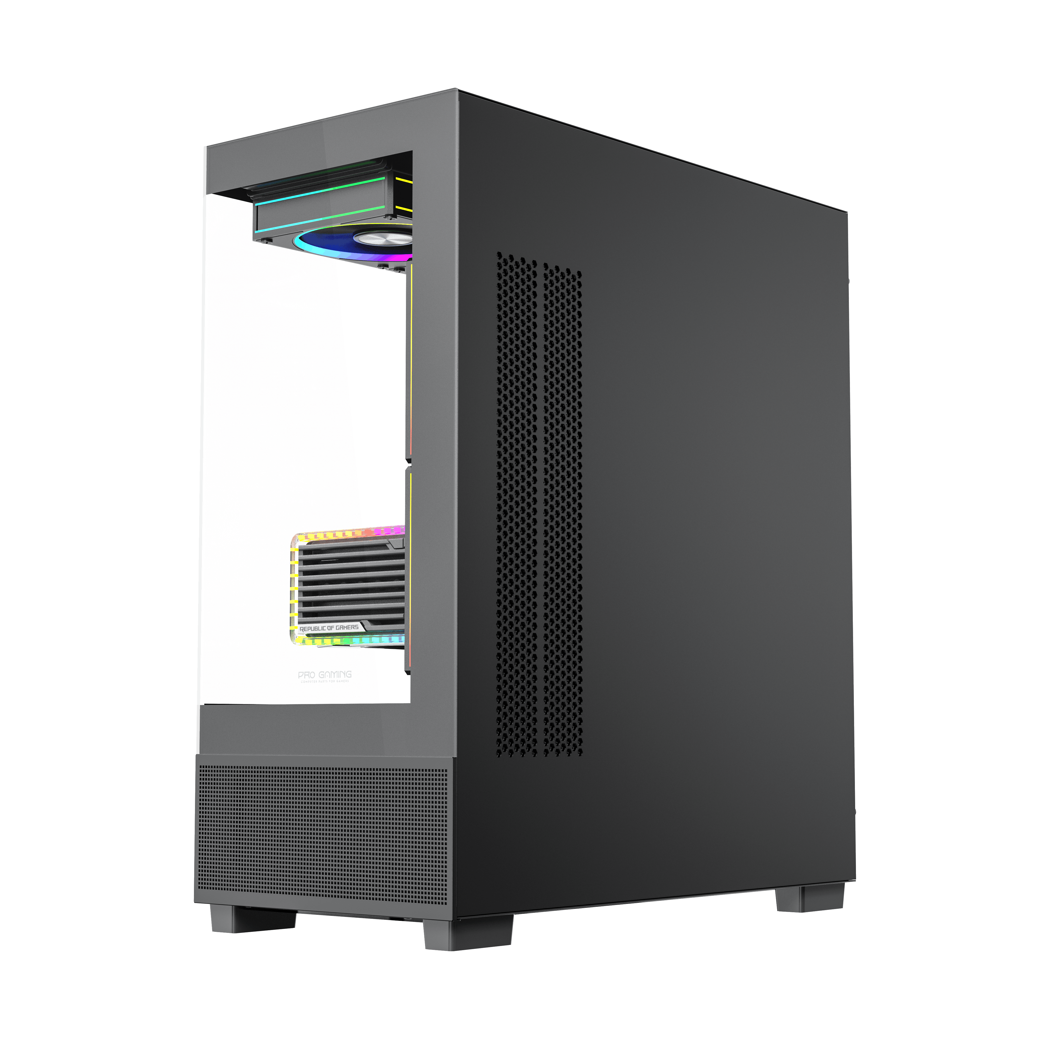 Case per PC nero con fronte in vetro, ventole RGB e componenti interni su sfondo nero.