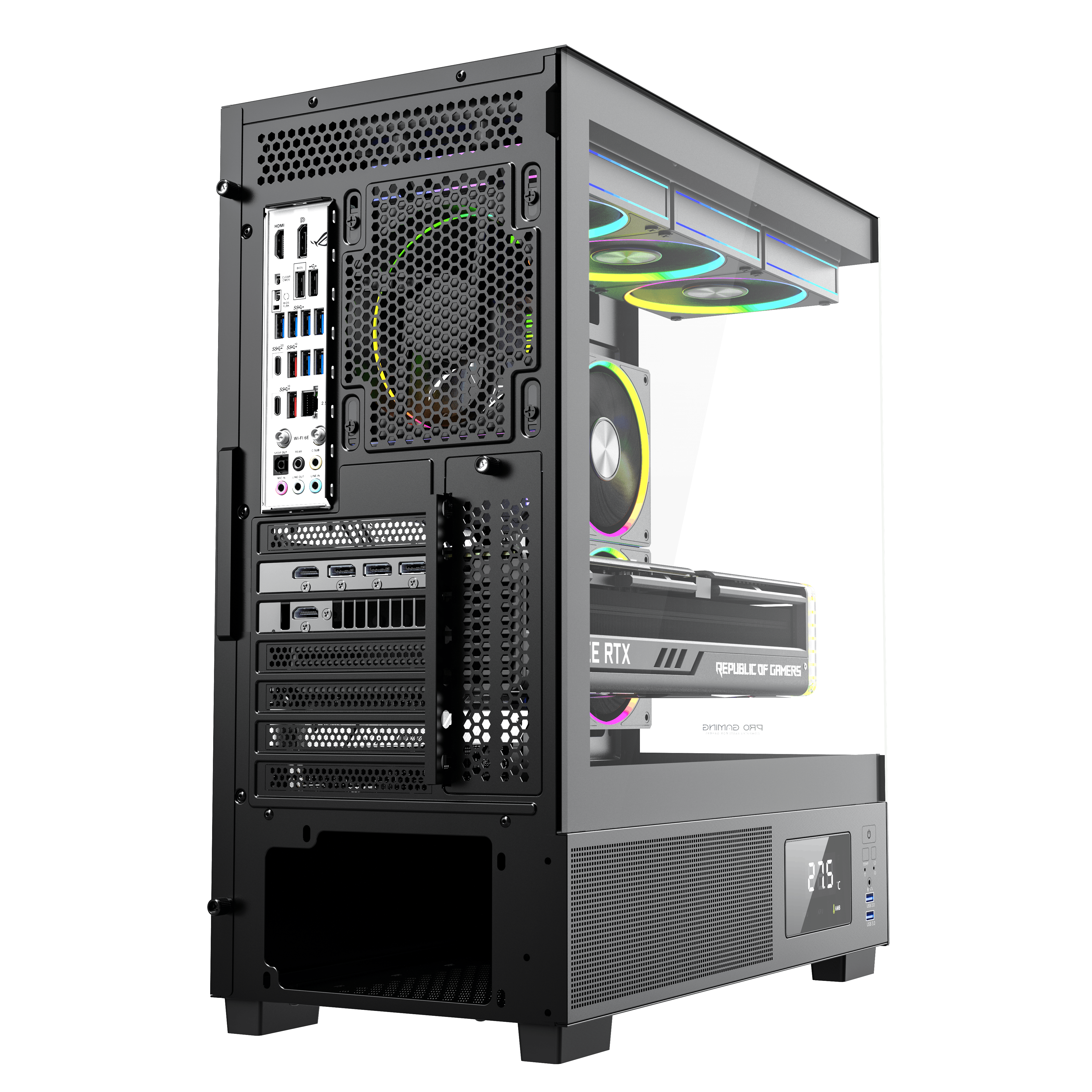 Un case PC nero con pannello laterale in vetro, ventole RGB e display della temperatura.