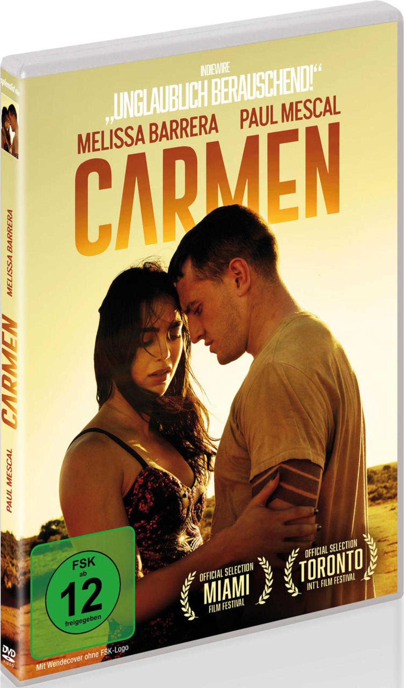 DVD-Cover des Films Carmen mit Melissa Barrera und Paul Mescal vor einer Wüstenlandschaft.