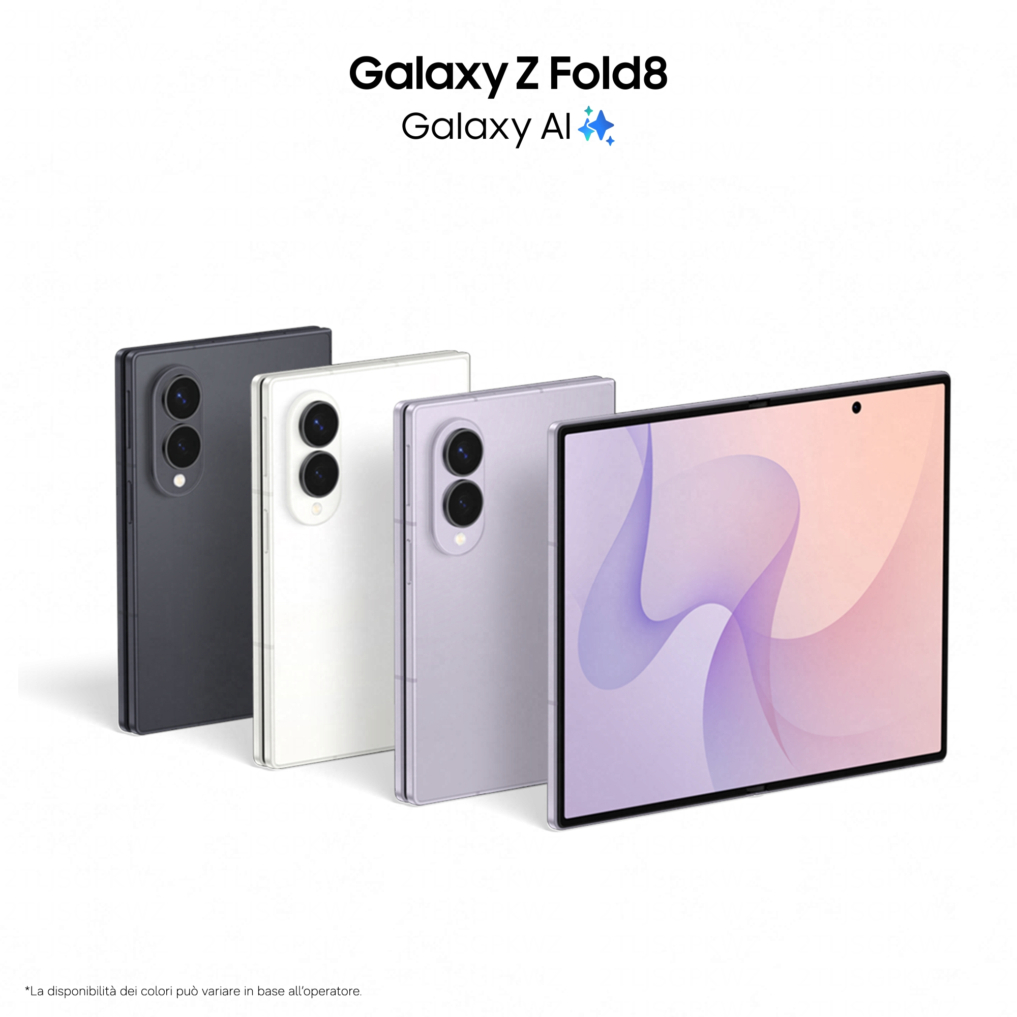 Quatre téléphones Galaxy Z Fold8 en noir, blanc, violet, et un déplié affichant un fond d'écran coloré.